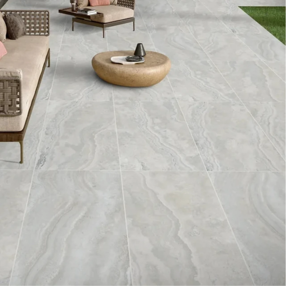 Pearl Ivy Vein Cut Travertine Look Tile Tech Grip 600 x 600 x 10mm Porcelain