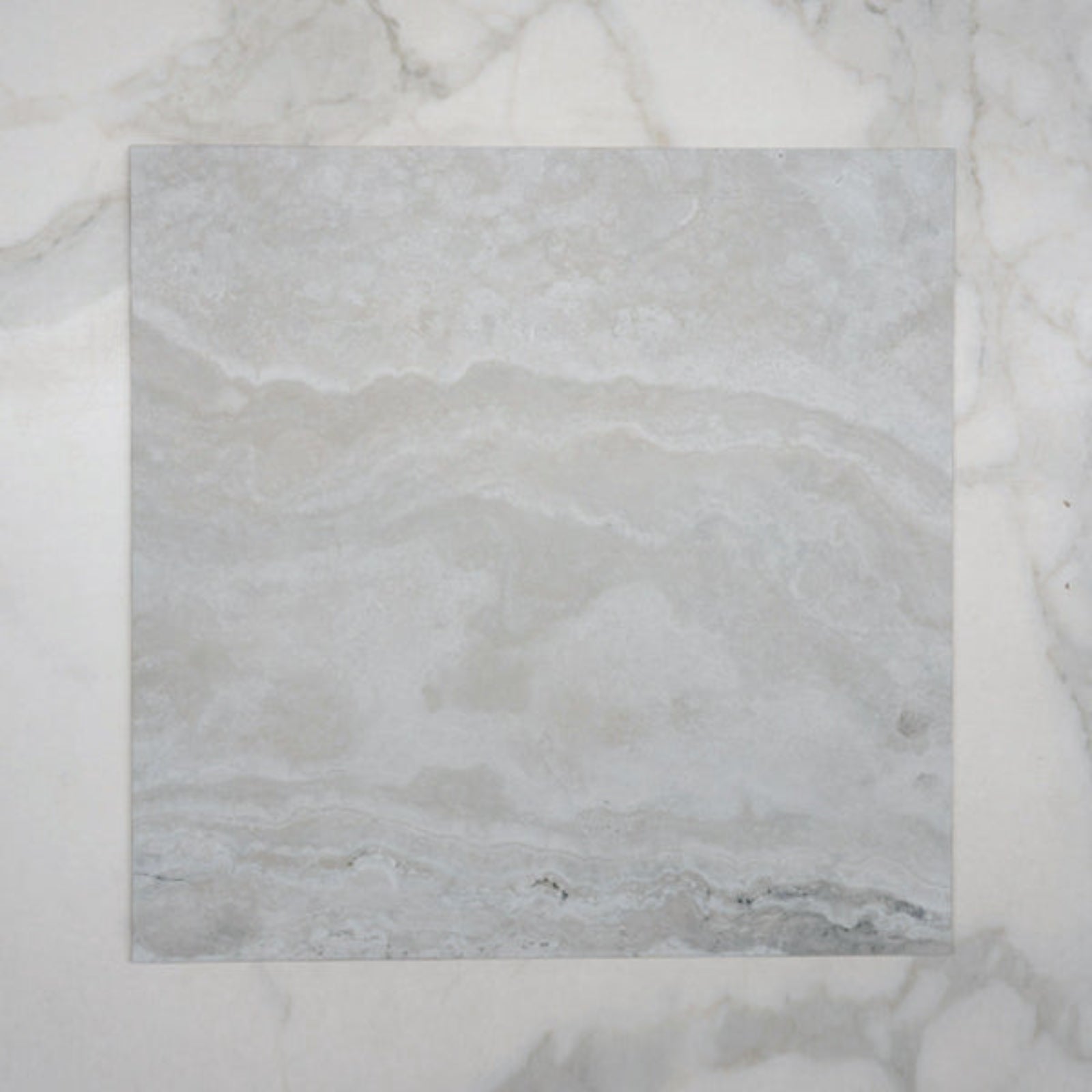 No Hand Pearl Ivy Vein Cut Travertine Look Tile Tech Grip 600 x 600 x 10mm Porcelain  - The Blue Space