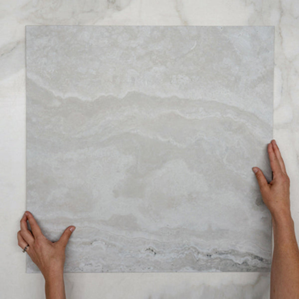 Pearl Ivy Vein Cut Travertine Look Tile Tech Grip 600 x 600 x 10mm Porcelain