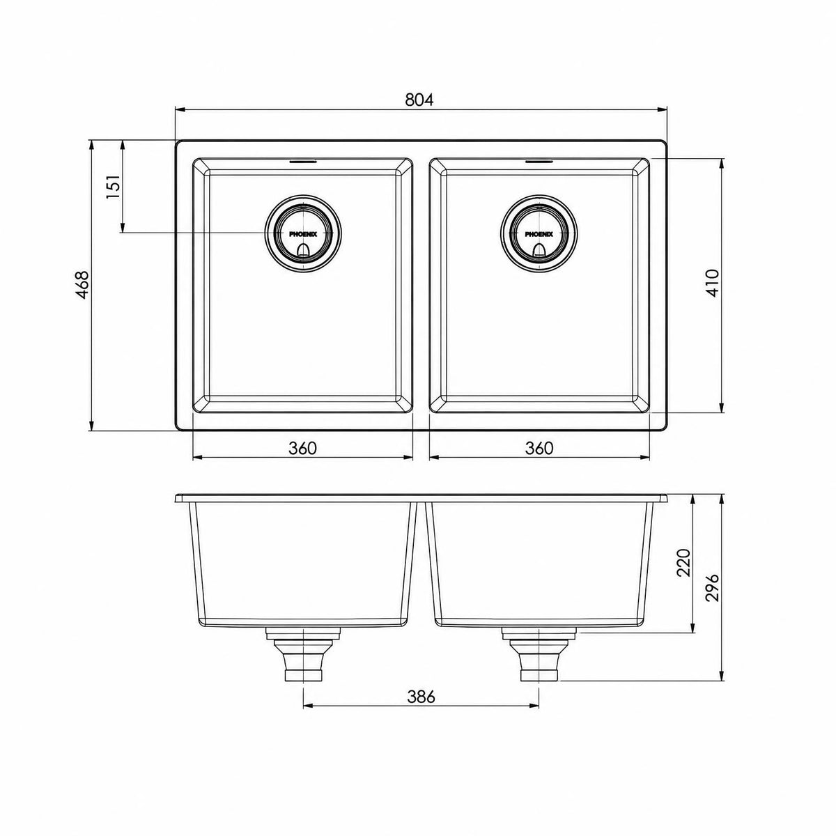 New Line Drawing Phoenix 5000 Series Double Bowl Quartz Resin Sink 804 x 468mm Matte White 312-2002-80 - The Blue Space