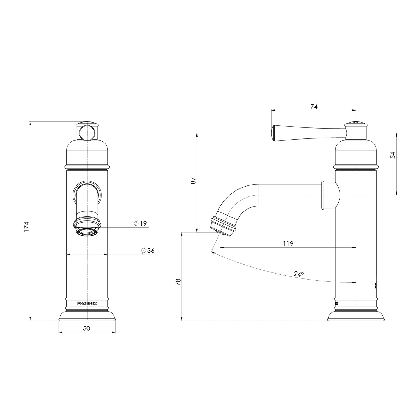 Technical Drawing Phoenix Cromford Basin Mixer - Brushed Bronze 134-7700-24-1 - The Blue Space