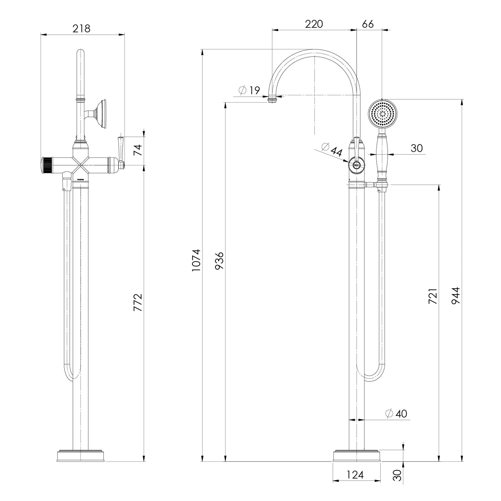 Technical Drawing Phoenix Cromford Floor Mounted Bath Mixer With Hand Shower - Brushed Bronze 134-7451-24 - The Blue Space