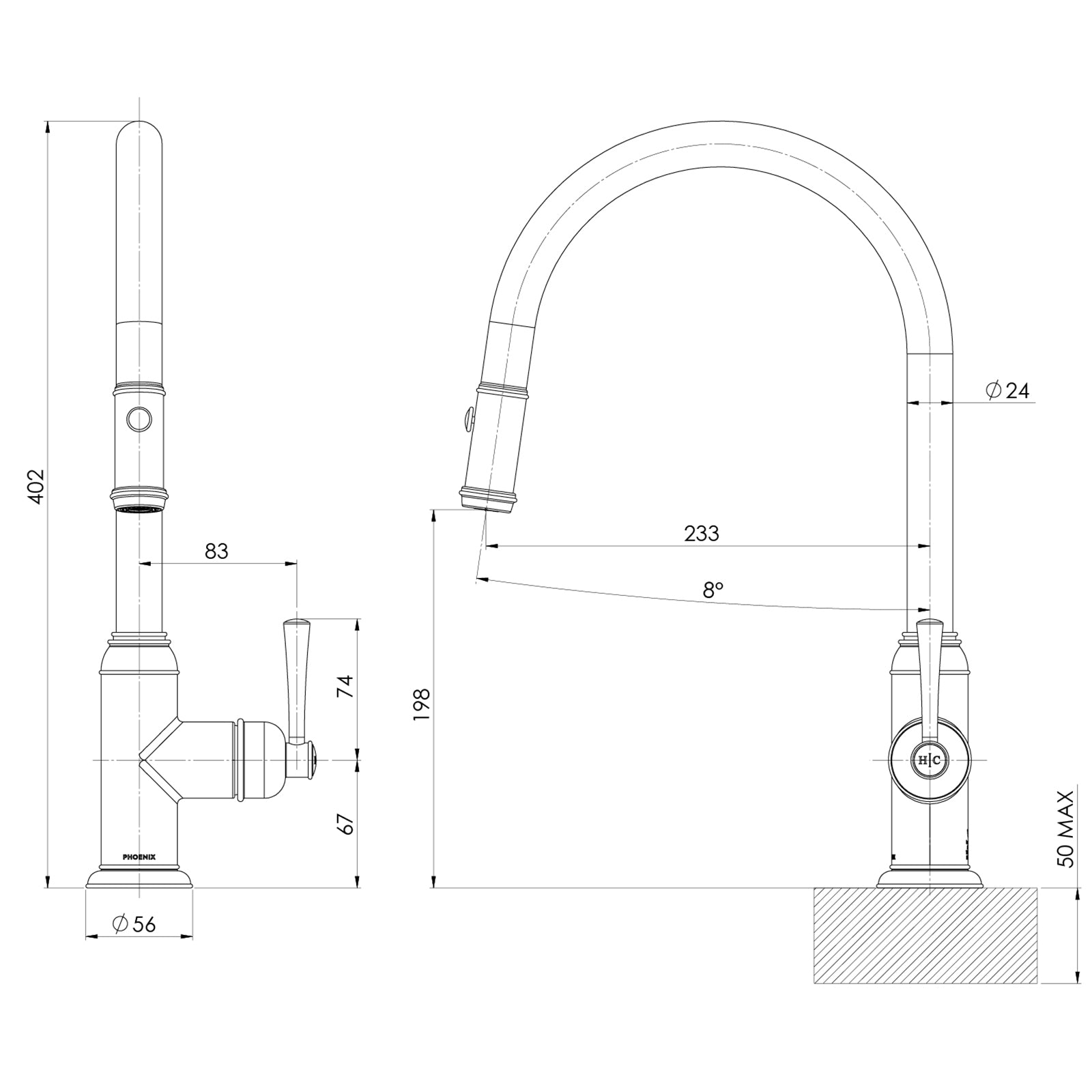 Technical Drawing Phoenix Cromford Pull Out Sink Mixer 230mm - Brushed Bronze 134-7120-24-1 - The Blue Space
