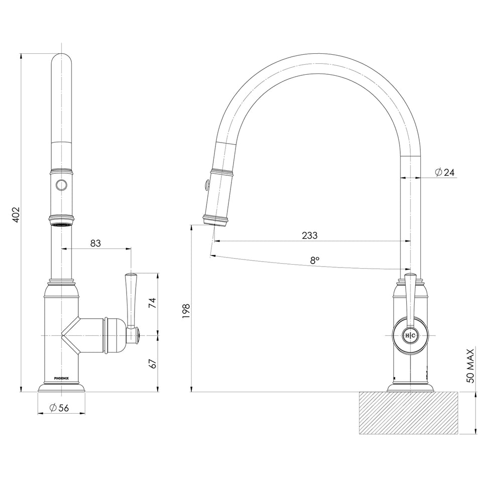 Phoenix Cromford Pull Out Sink Mixer 230mm - Brushed Bronze