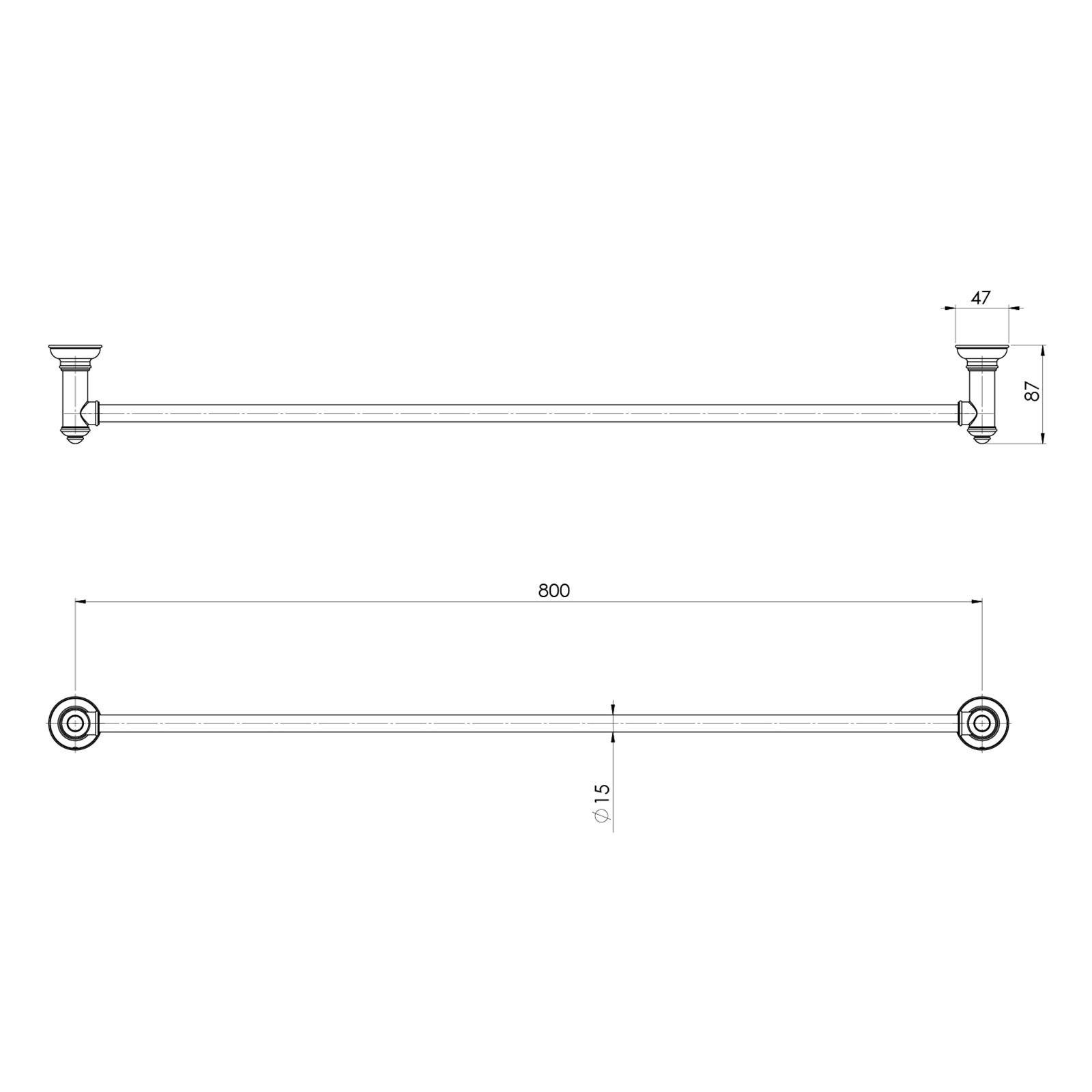 Technical Drawing Phoenix Cromford Single Towel Rail 800mm - Brushed Bronze 134-8030-24 - The Blue Space
