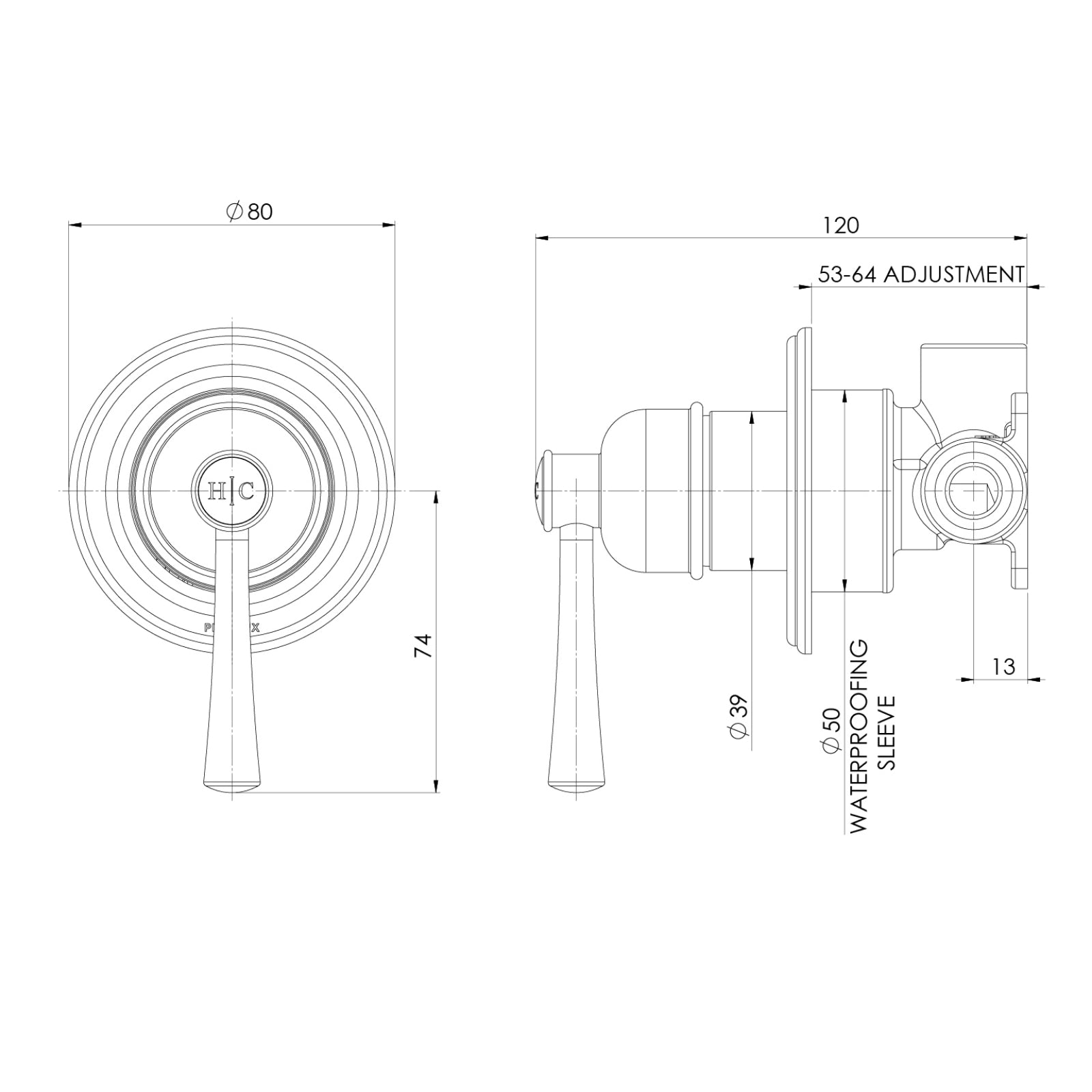 Technical Drawing Phoenix Cromford SwitchMix Shower / Wall Mixer Brushed Gold (Complete Kit) 134-2800-12-1-KIT - The Blue Space