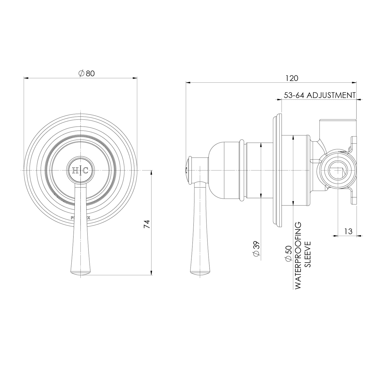 Technical Drawing Phoenix Cromford Switchmix Shower Wall Mixer Fit Off Kit - Brushed Bronze 134-2805-24-1 - The Blue Space