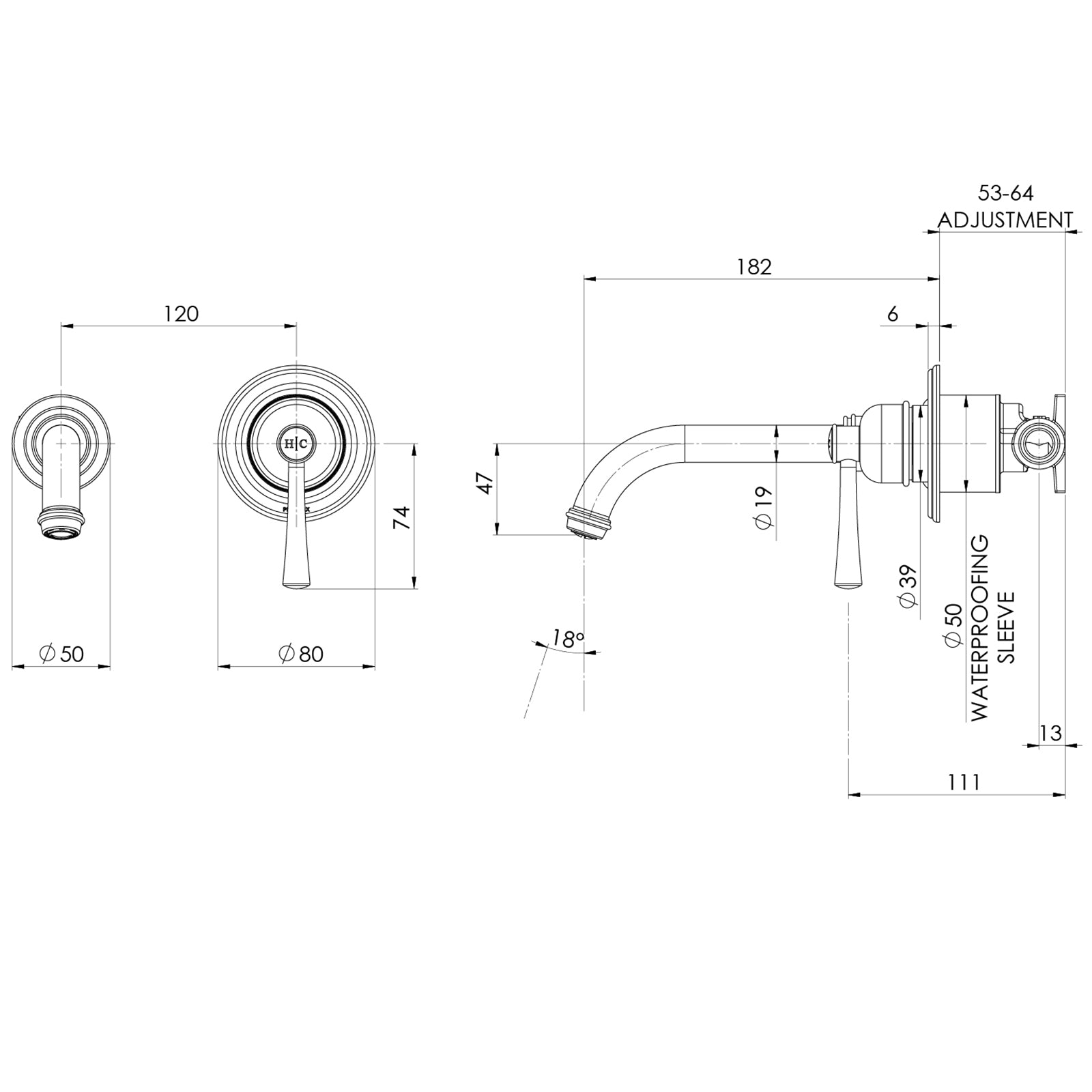 Technical Drawing Phoenix Cromford Switchmix Wall Basin Bath Mixer Set Complete Kit - Brushed Bronze 134-2810-24-1 - The Blue Space