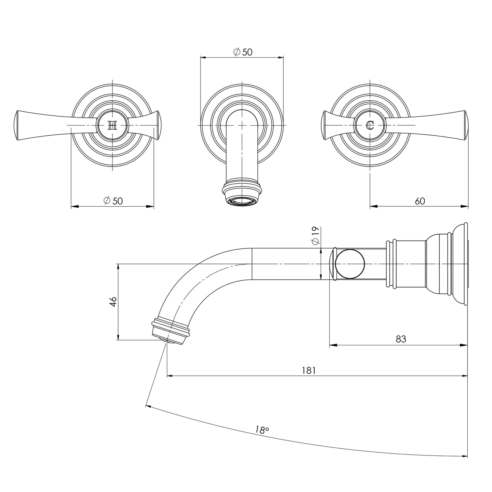 Technical Drawing Phoenix Cromford Wall Basin Bath Tap Set - Brushed Bronze 134-1126-24-1 - The Blue Space