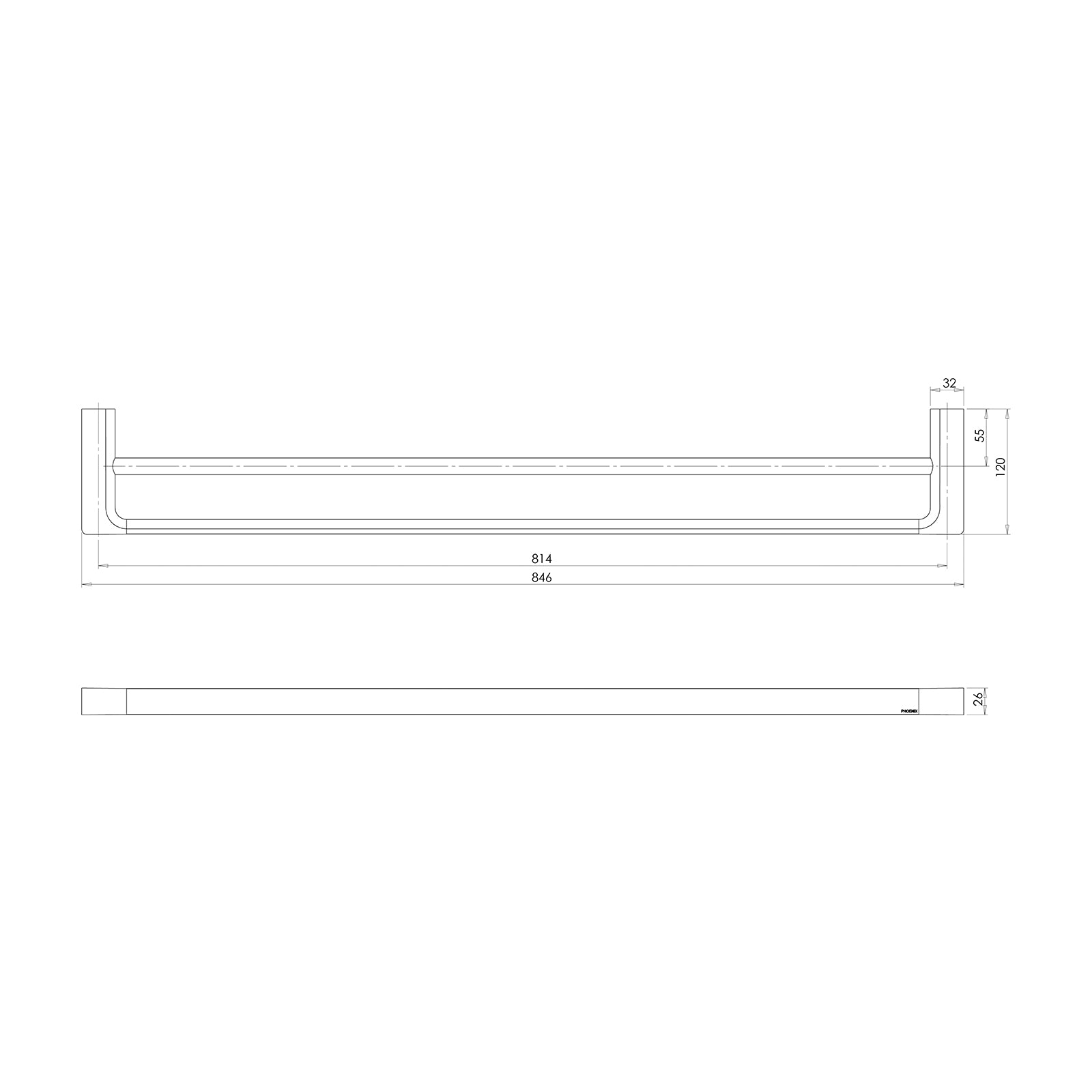 Technical Drawing Phoenix Gloss Double Towel Rail 800mm - Brushed Bronze GS811-24 - The Blue Space