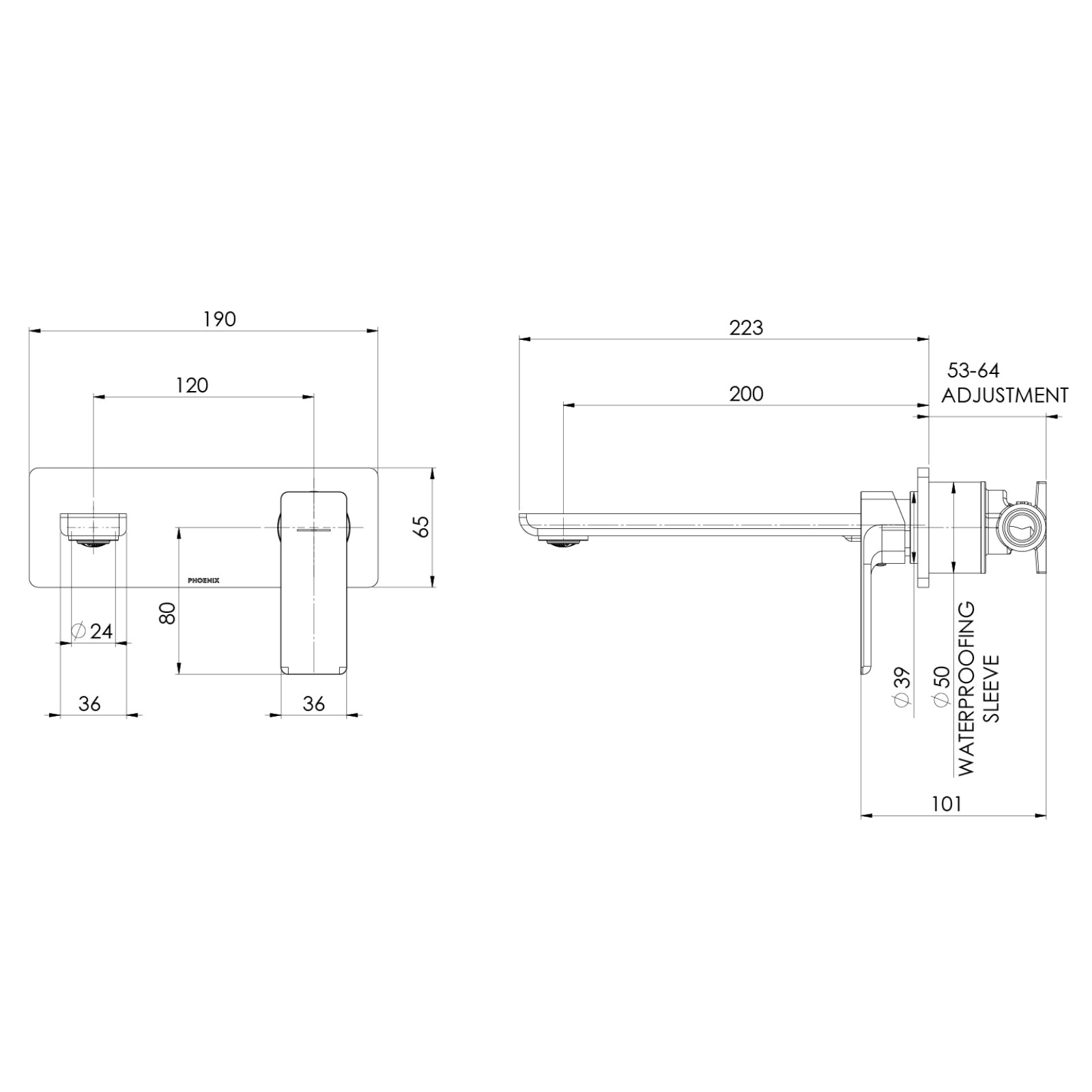 Technical Drawing Phoenix Gloss MKII SwitchMix Wall Basin / Bath Mixer Set 200mm Brushed Carbon (Complete Kit) 135-2810-31-1-KIT - The Blue Space