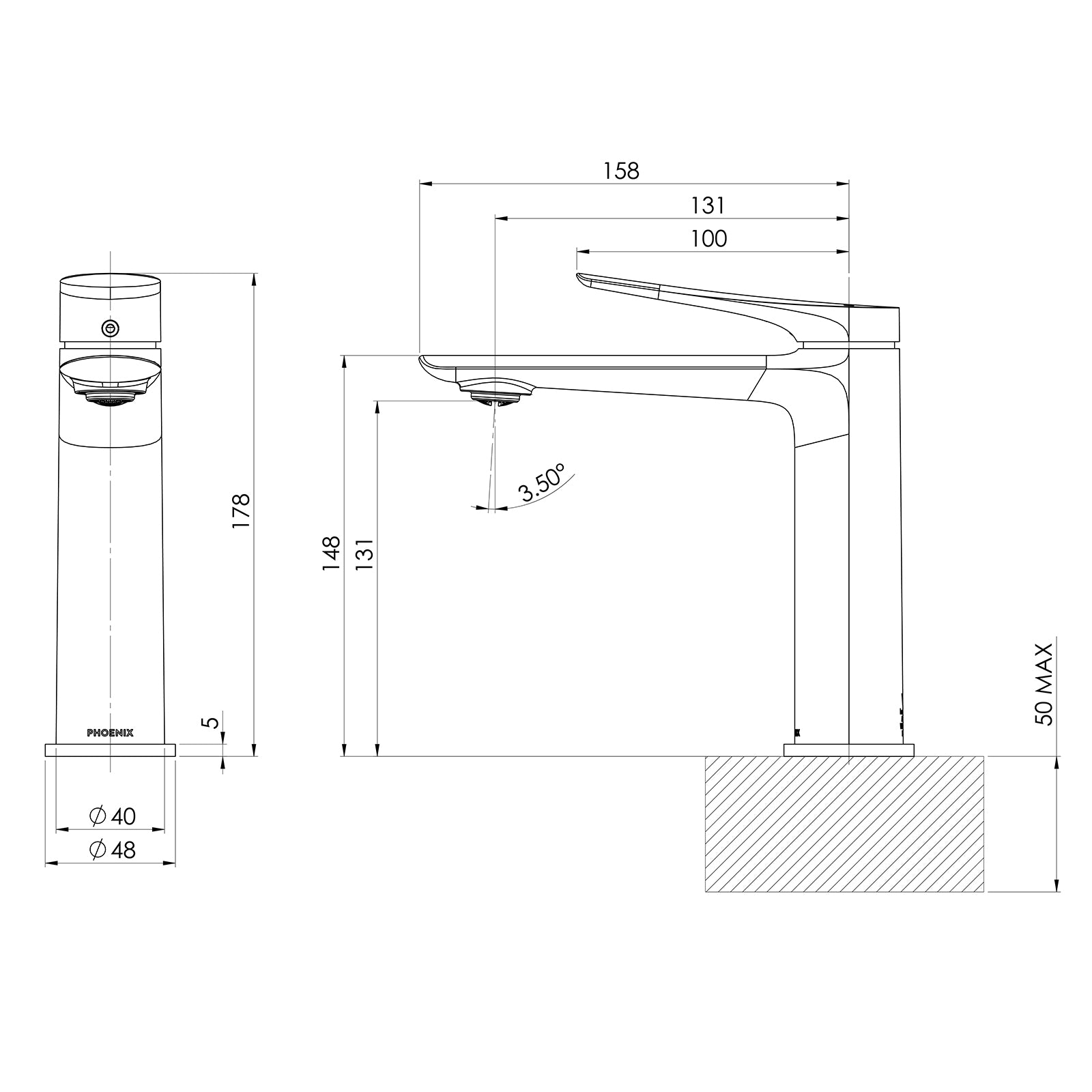 Technical Drawing Phoenix Kusabi Basin Mixer - Chrome 138-7700-00-1 - The Blue Space