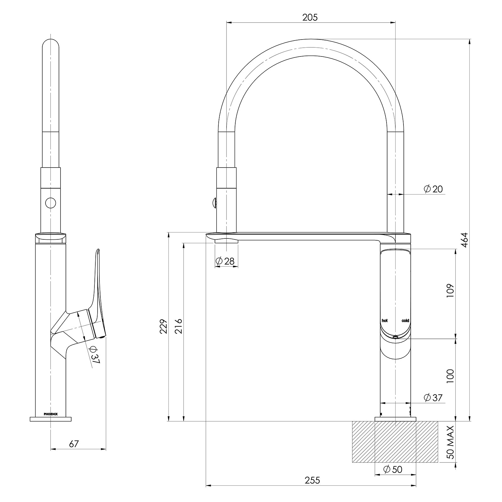 Technical Drawing Phoenix Kusabi Flexible Hose Sink Mixer 200mm - Matte Black 138-7110-10-1 - The Blue Space