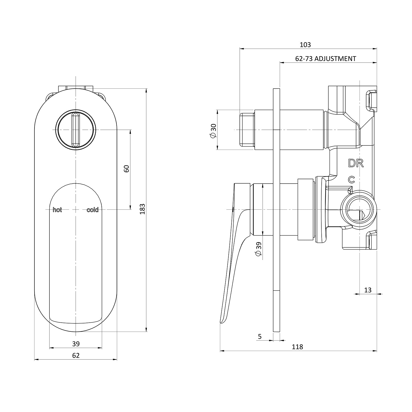 Technical Drawing Phoenix Kusabi Switchmix Shower Bath Diverter Mixer - Chrome 138-2910-00-1 - The Blue Space
