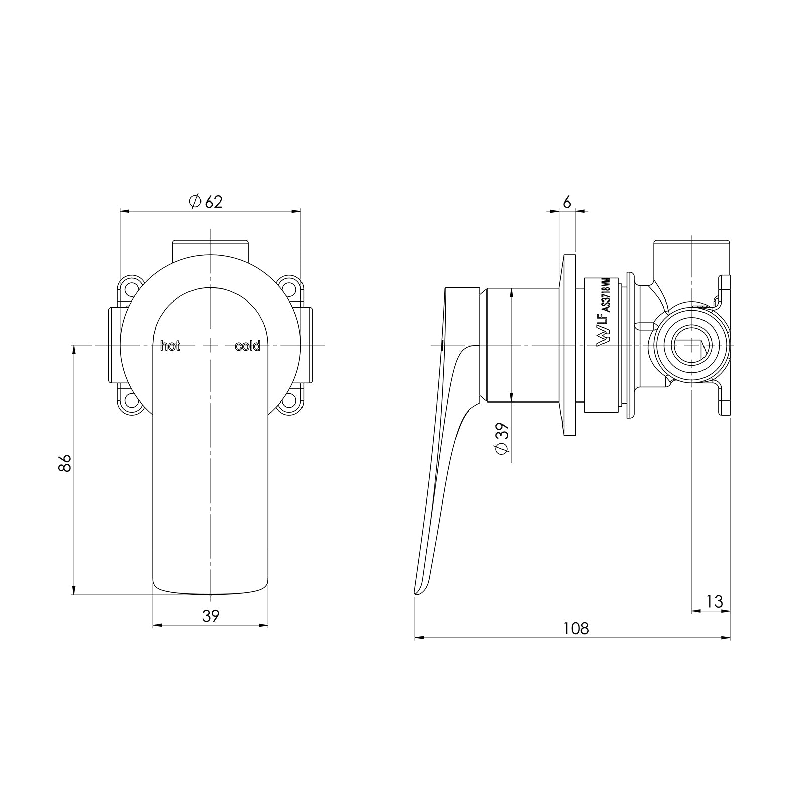 Technical Drawing Phoenix Kusabi Switchmix Shower Wall Mixer Fit Off Kit - Brushed Carbon 138-2805-31-1 - The Blue Space