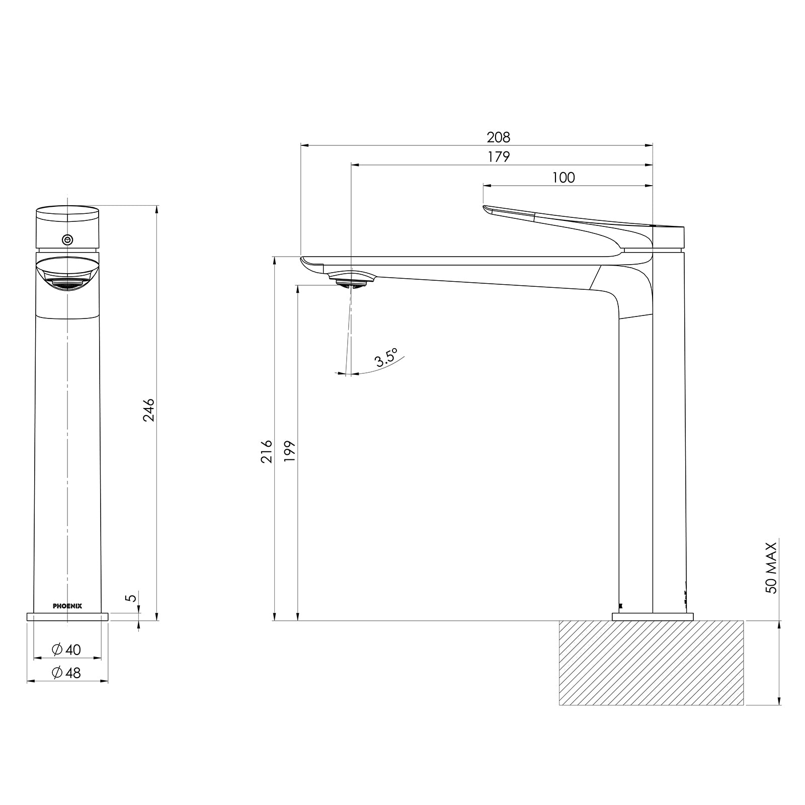 Technical Drawing Phoenix Kusabi Vessel Mixer - Brushed Carbon 138-7900-31-1 - The Blue Space