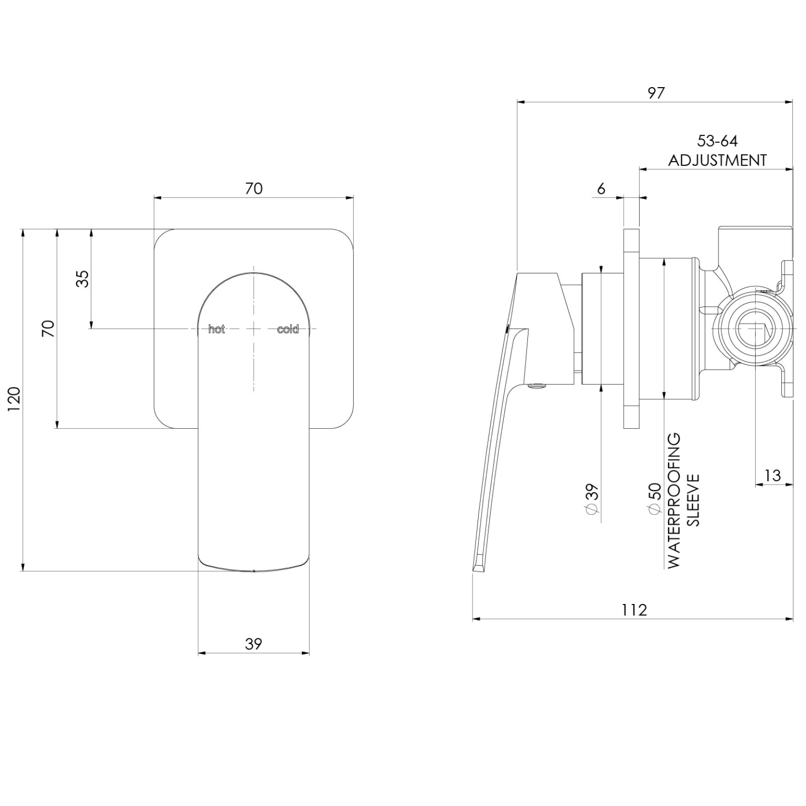 Technical Drawing Phoenix Mekko SwitchMix Shower / Wall Mixer Brushed Nickel (Complete Kit) 115-2800-40-1-KIT - The Blue Space