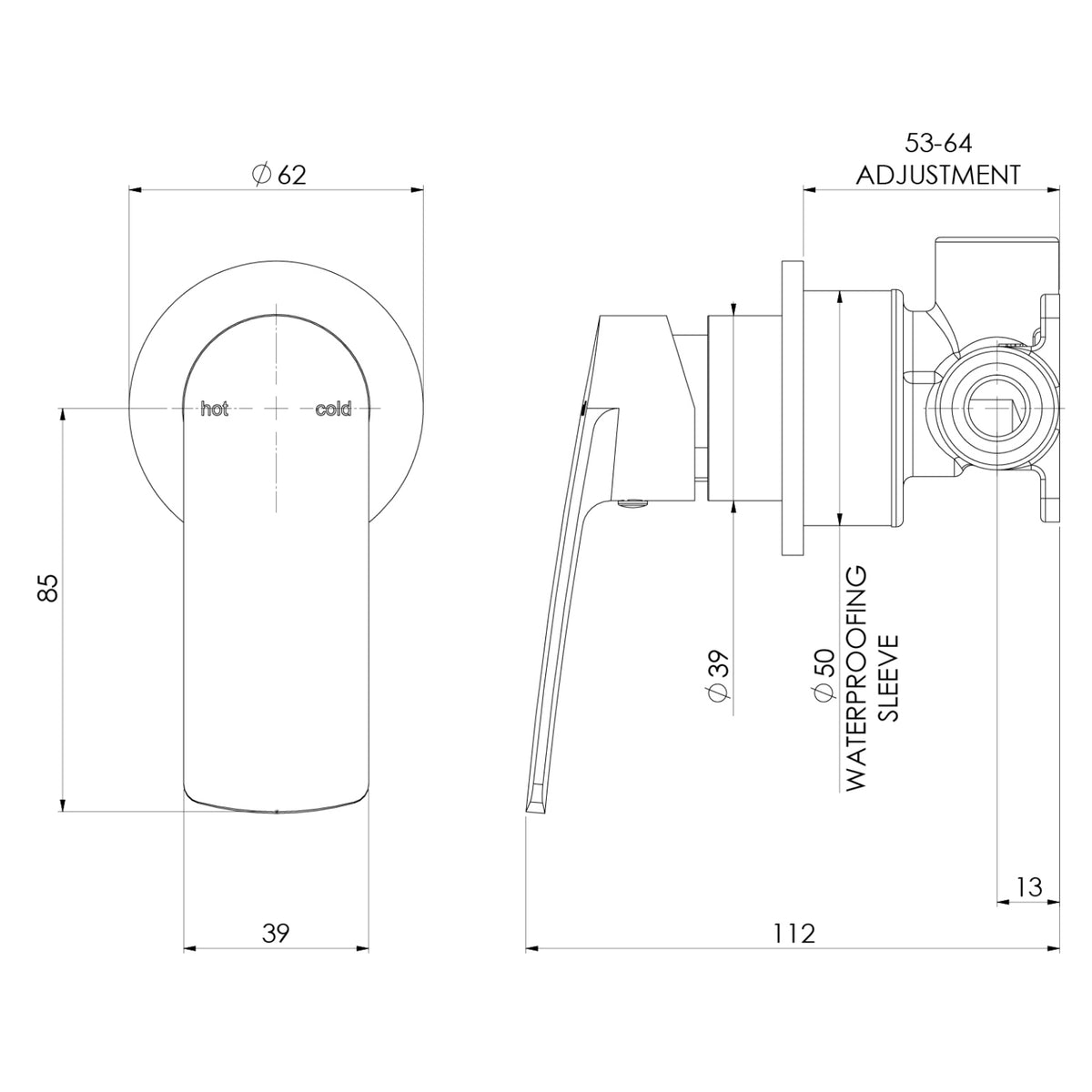 Technical Drawing Phoenix Mekko Switchmix Shower Wall Mixer - Matte Black 115-2800-10-1 - The Blue Space
