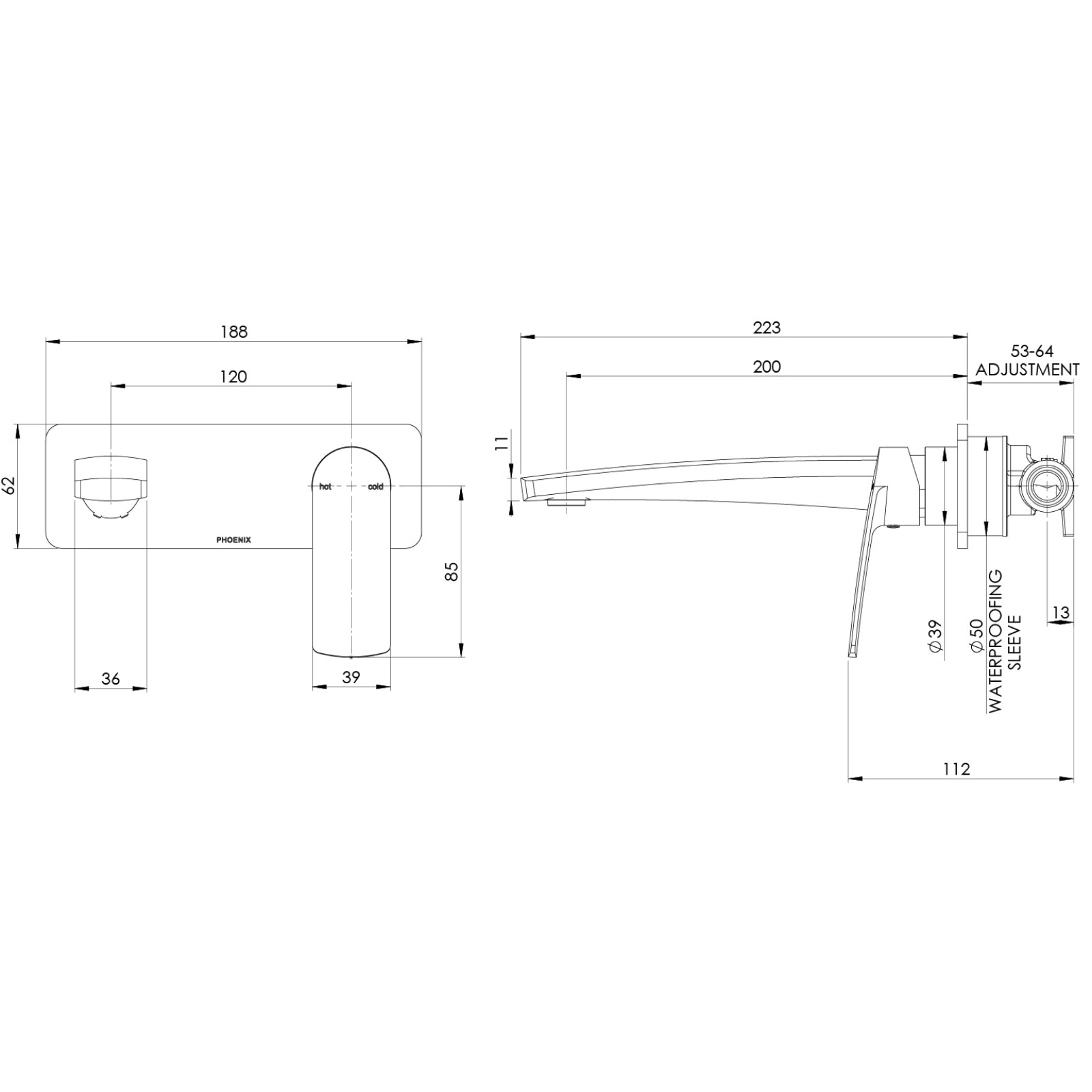 Technical Drawing Phoenix Mekko SwitchMix Wall Basin / Bath Mixer Set 200mm Matte Black (Fit-Off Kit Only) 115-2812-10-1 - The Blue Space