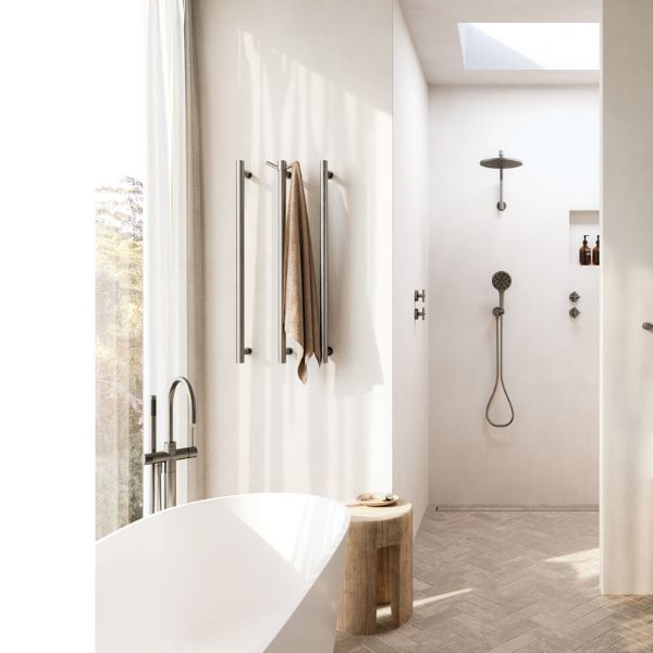 Compact Bathroom Design with Phoenix Heated Triple Towel Rail Round 800mm - Brushed Carbon