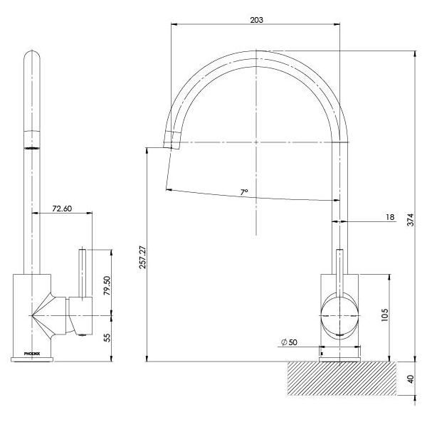 Phoenix Pina Sink Mixer 200mm Gooseneck Technical Drawing - The Blue Space