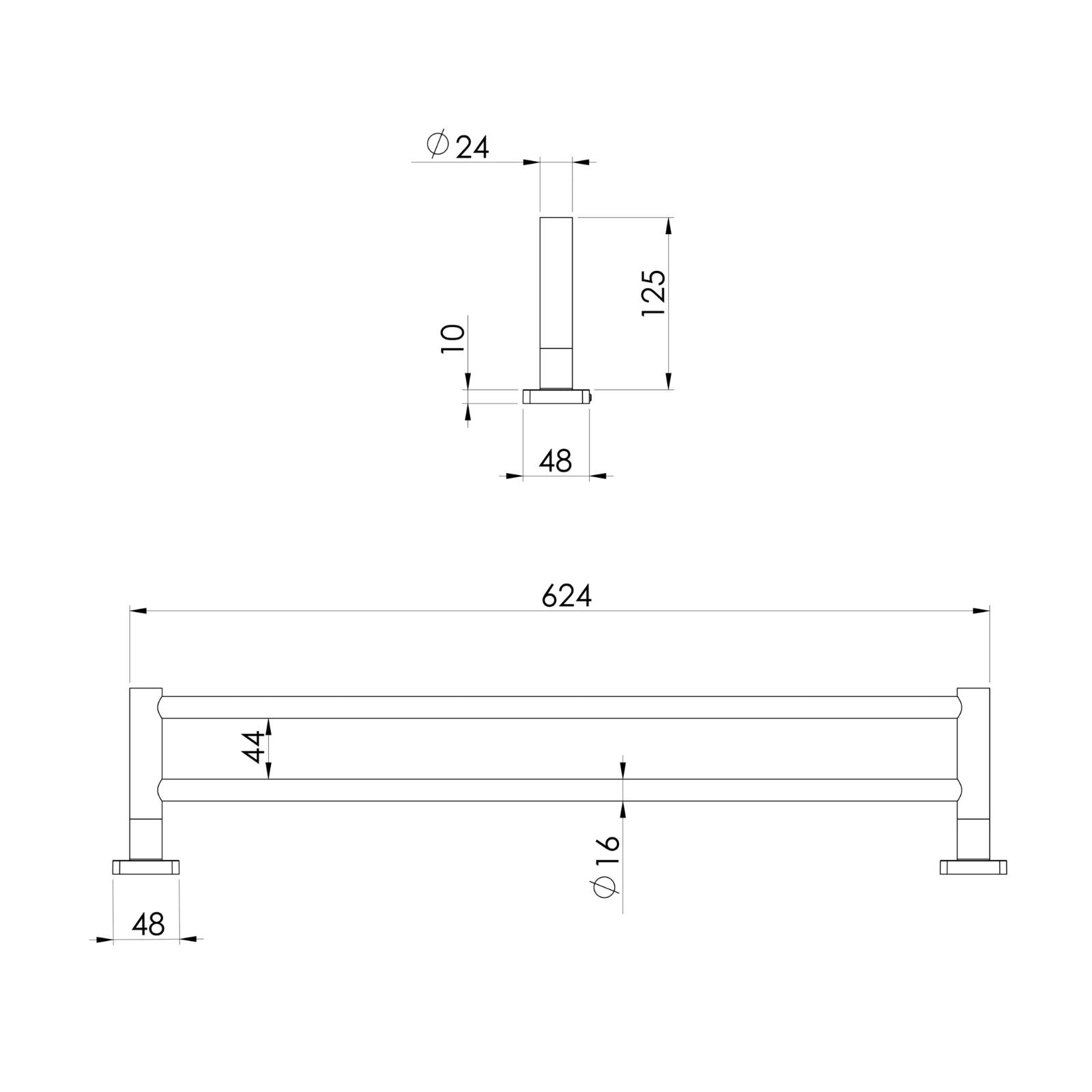 Technical Drawing Phoenix Radii SS 316 Double Towel Rail Square Plate 600mm RS813-51 - The Blue Space