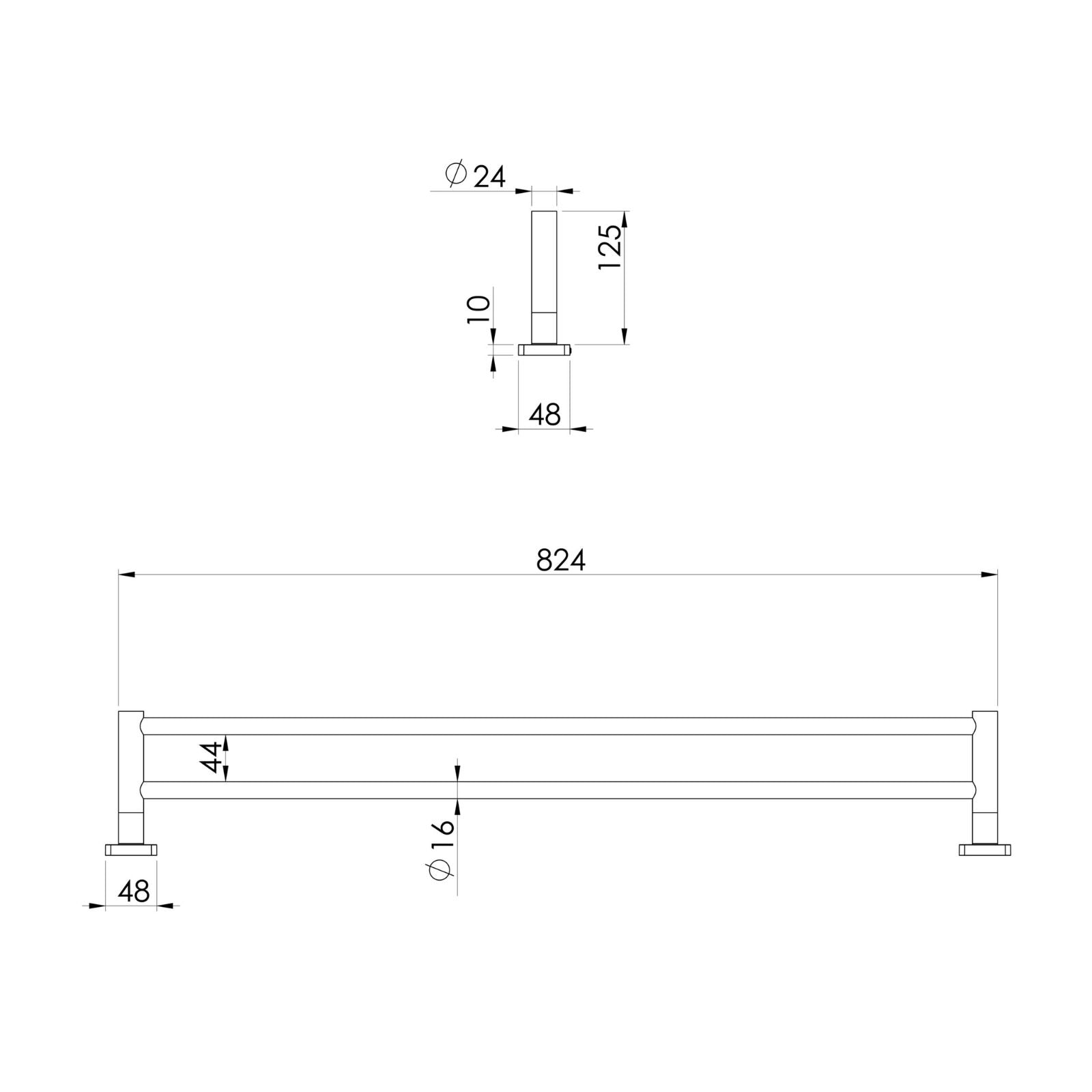 Technical Drawing Phoenix Radii SS 316 Double Towel Rail Square Plate 800mm RS812-51 - The Blue Space