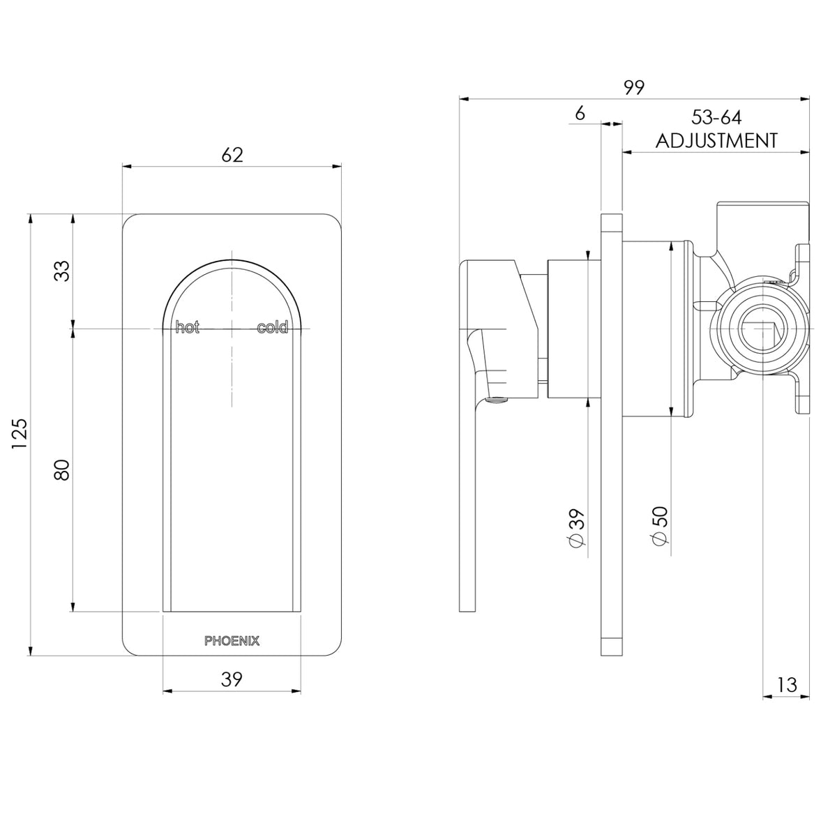 Technical Drawing Phoenix Teel Switchmix Shower Wall Mixer - Brushed Nickel 118-2800-40-1_KIT - The Blue Space