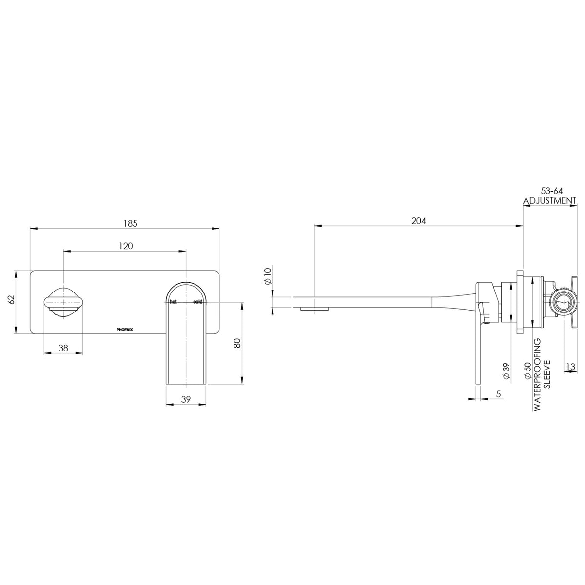 Technical Drawing Phoenix Teel SwitchMix Wall Basin / Bath Mixer Set 200mm Brushed Nickel (Complete Kit) 118-2810-40-1-KIT - The Blue Space