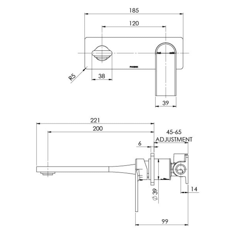 Phoenix Teel SwitchMix Wall Basin / Bath Mixer Set 200mm - Full Kit