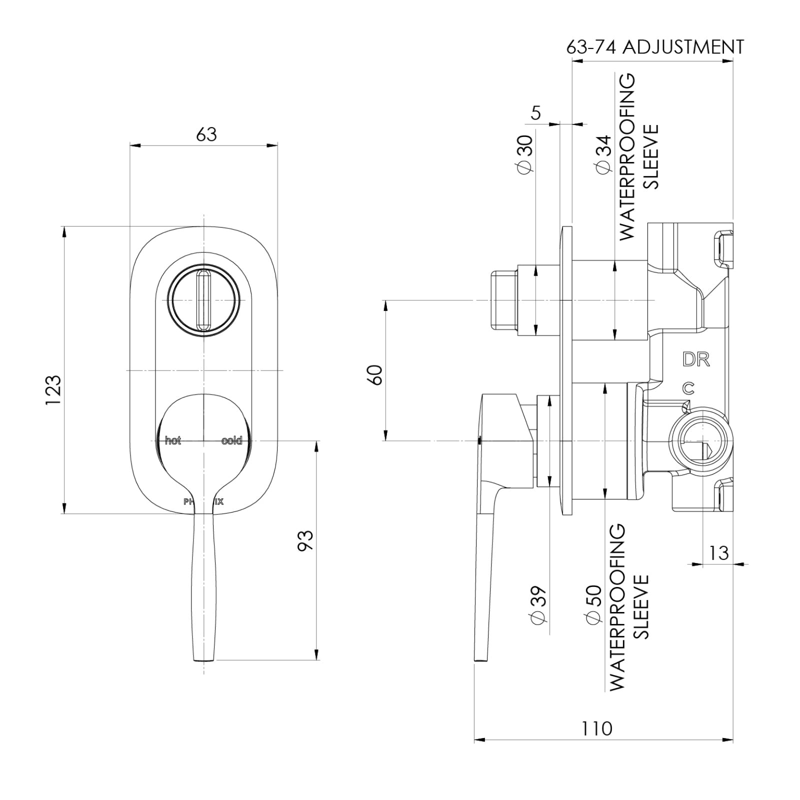 Technical Drawing Phoenix Switchmix Shower Bath Diverter Mixer Fit Off Kit Only - Chrome 139-2940-00-1 - The Blue Space