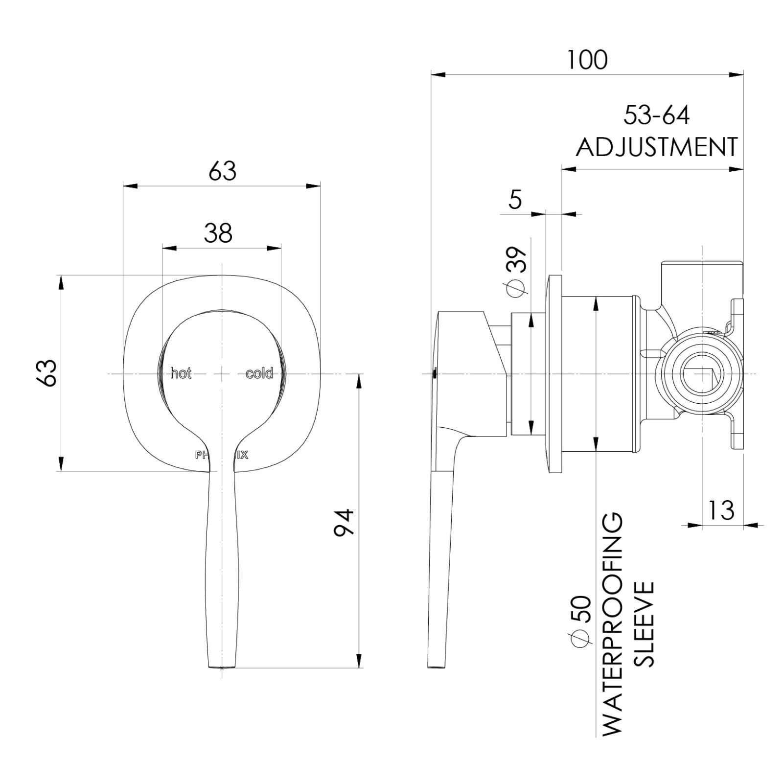 Technical Drawing Phoenix Switchmix Shower Wall Mixer Fit Off Kit Only - Brushed Gold 139-2805-12-1 - The Blue Space