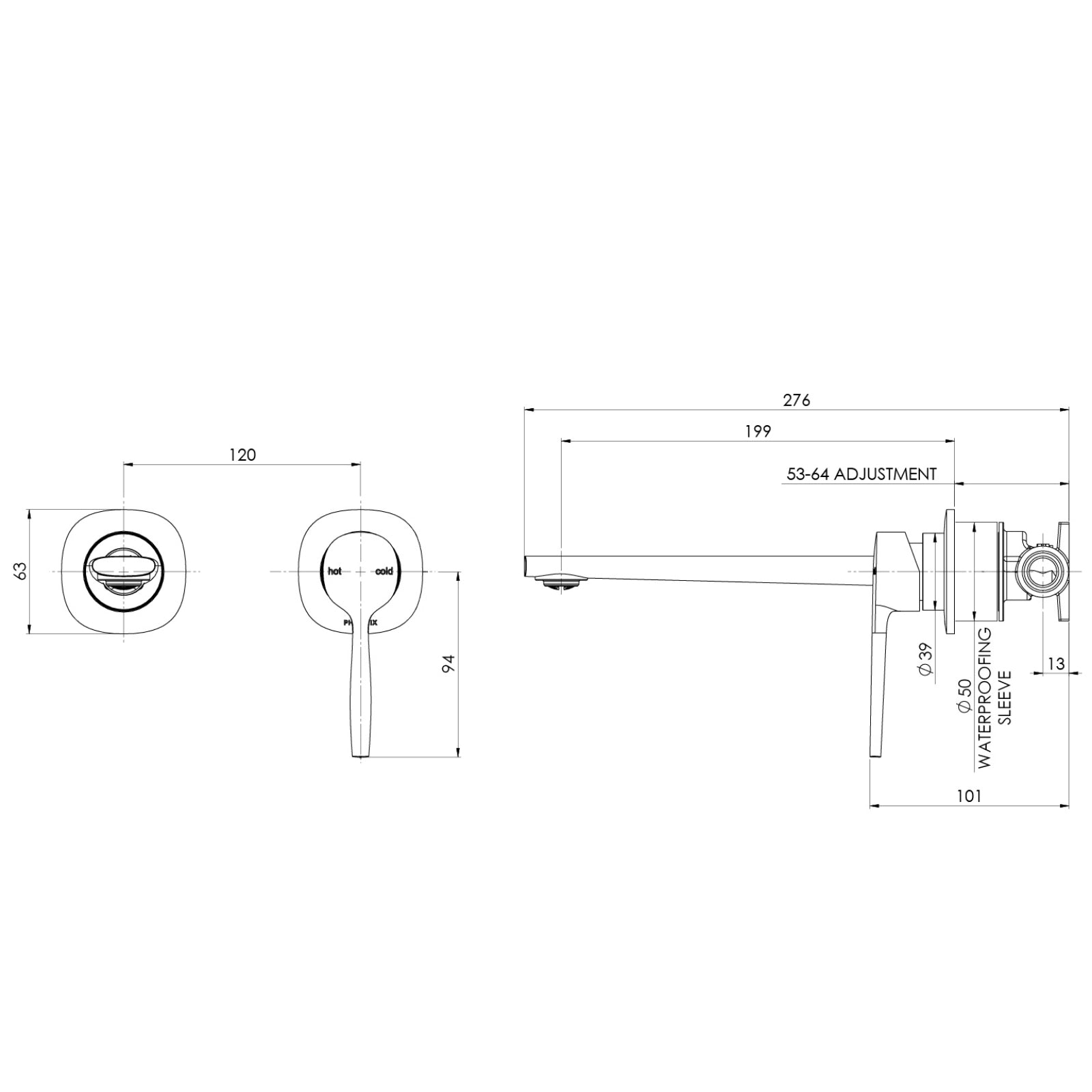 Technical Drawing Phoenix Switchmix Wall Basin Bath Mixer Set 200mm Complete Kit - Brushed Nickel 139-2810-40-1 - The Blue Space