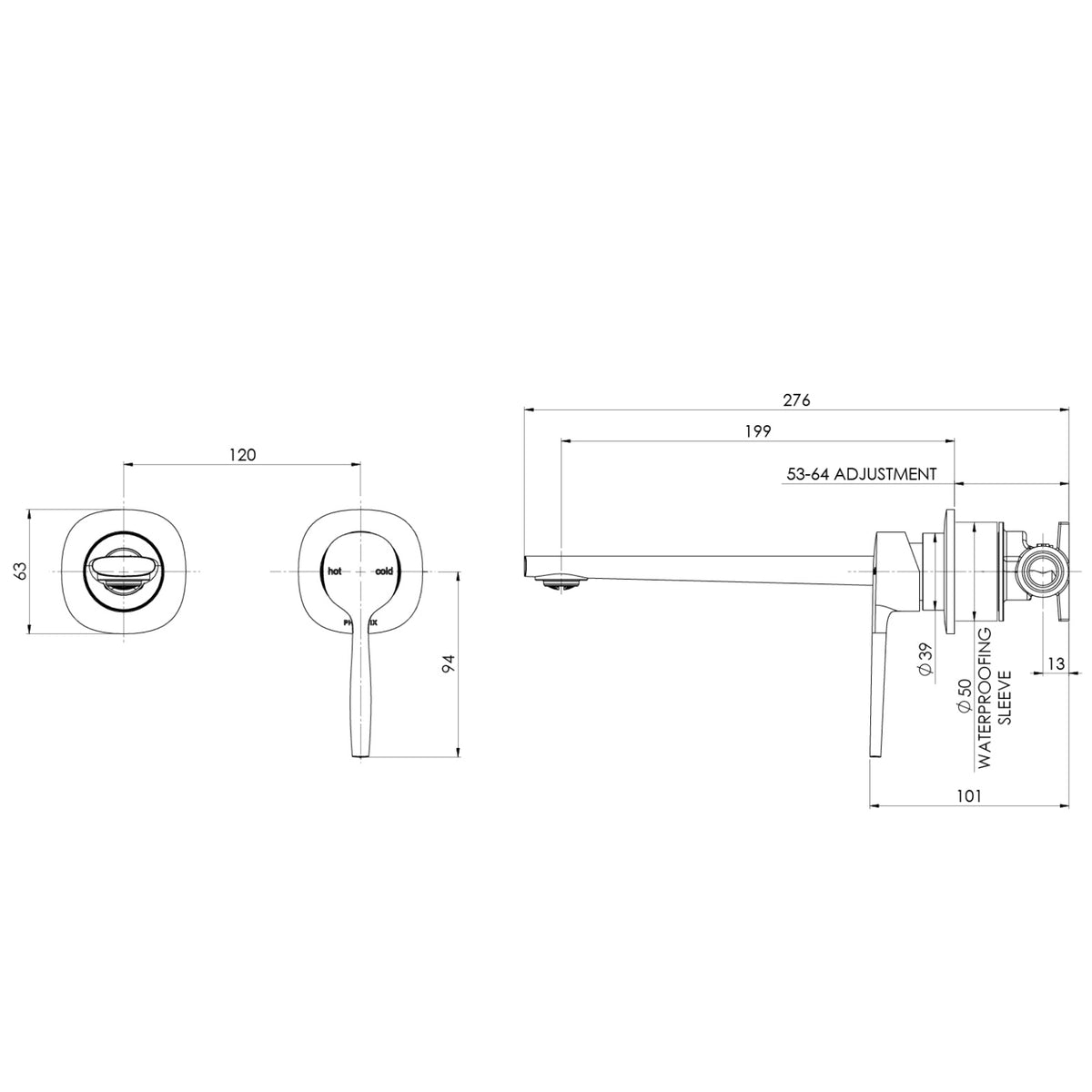 Technical Drawing Phoenix Switchmix Wall Basin Bath Mixer Set 200mm Complete Kit - Chrome 139-2810-00-1 - The Blue Space