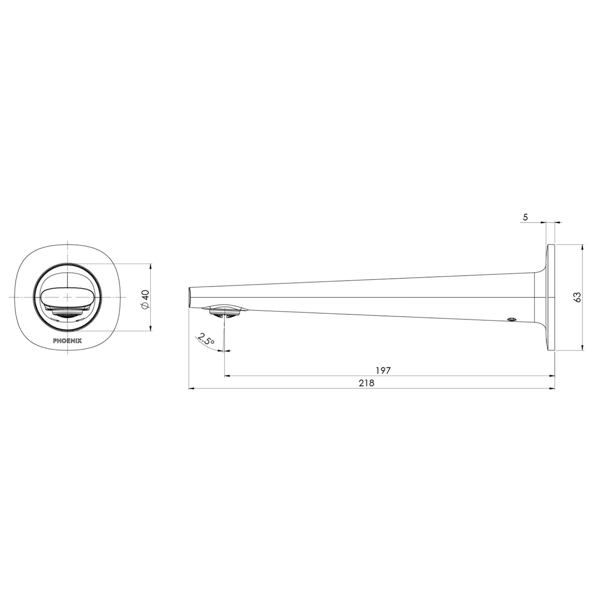 Technical Drawing Phoenix Wall Basin Bath Outlet 200mm - Brushed Carbon 139-7610-31-1 - The Blue Space