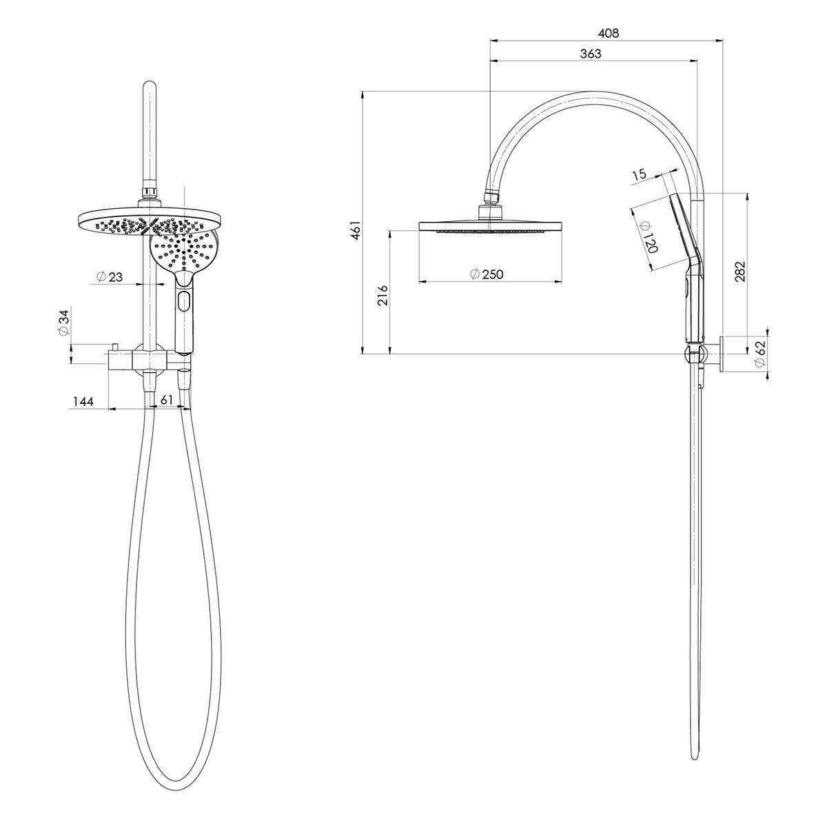 Technical Drawing Phoenix Vivid MKII Compact Twin Shower - Brushed Carbon 146-6510-31