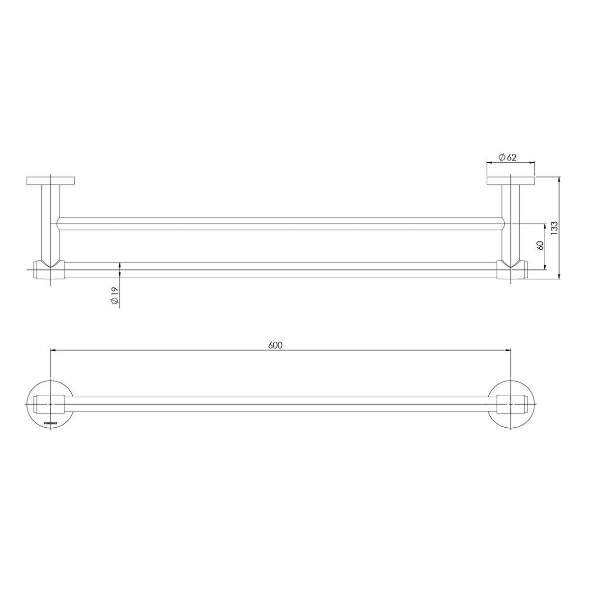 Technical Drawing Phoenix Vivid MKII Double Towel Rail 600mm - Brushed Gold 146-8110-12