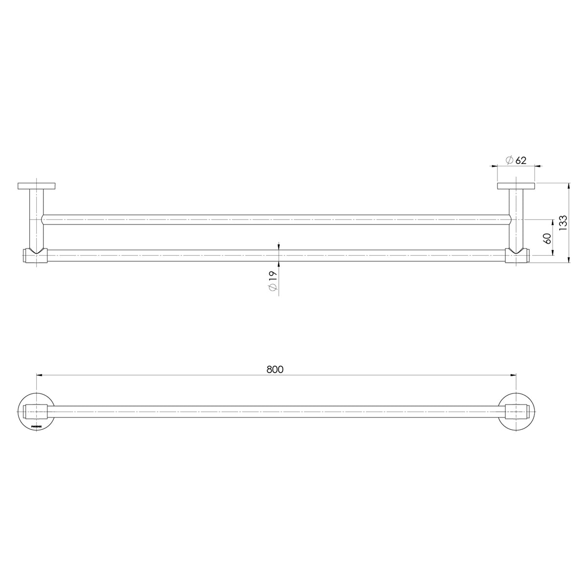 Technical Drawing Phoenix Vivid MKII Double Towel Rail 800mm - Brushed Nickel 146-8130-40