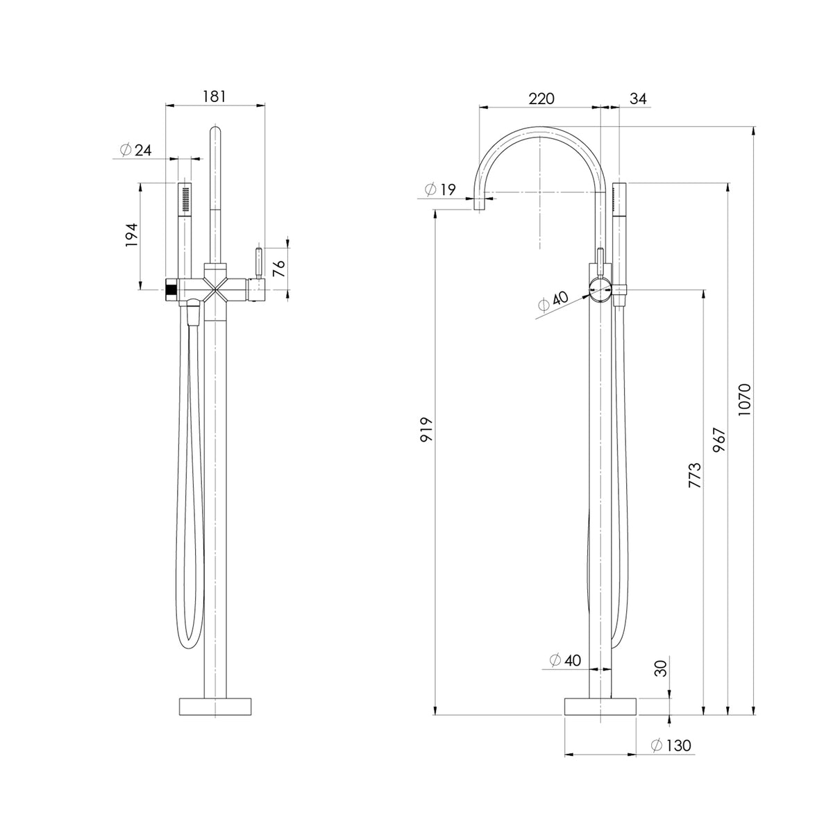 Technical Drawing Phoenix Vivid MKII Floor Mounted Bath Mixer With Hand Shower - Brushed Nickel 146-7451-40 - The Blue Space