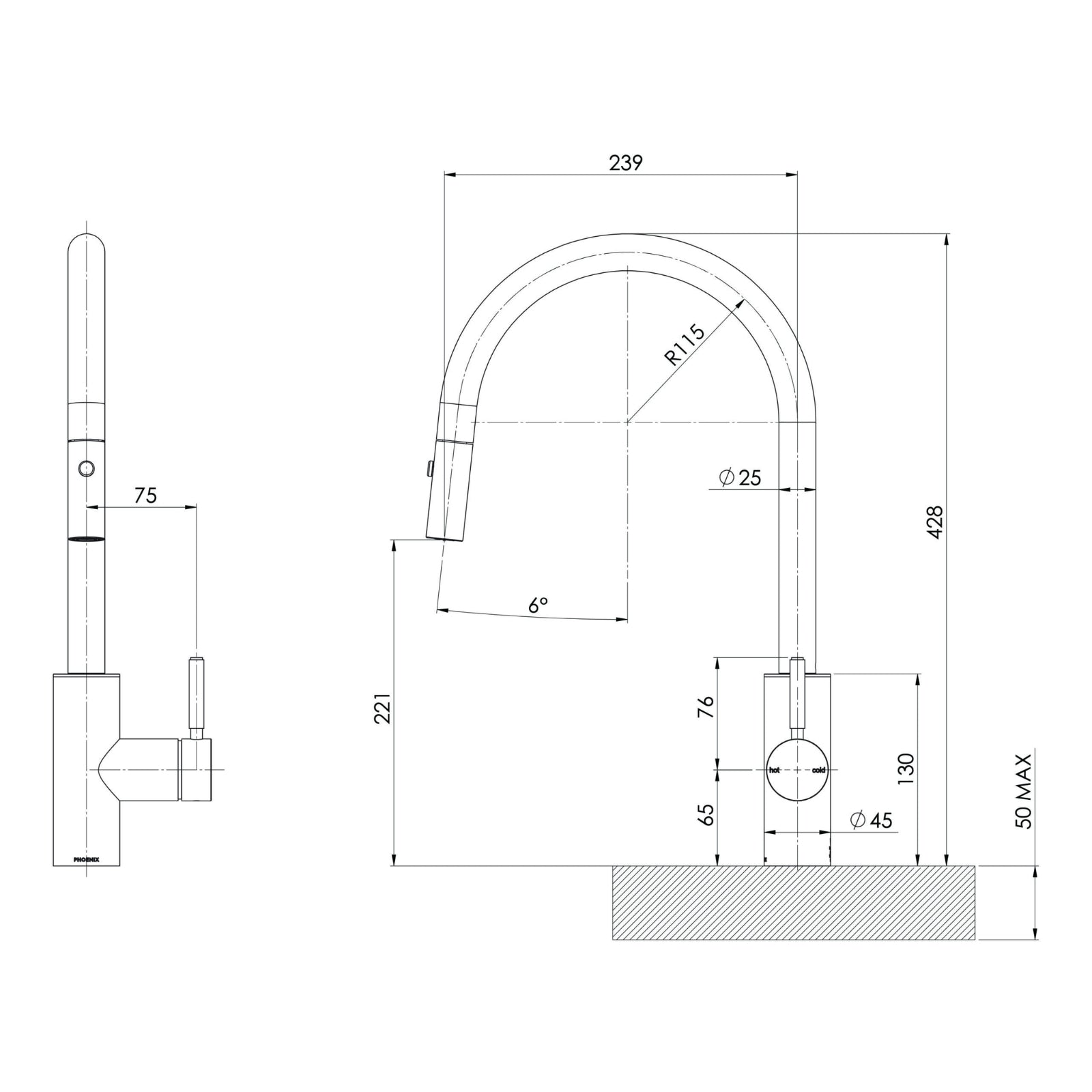 Technical Drawing Phoenix Vivid MKII Pull Out Sink Mixer 230mm Gooseneck - Brushed Carbon 146-7120-31-1 - The Blue Space