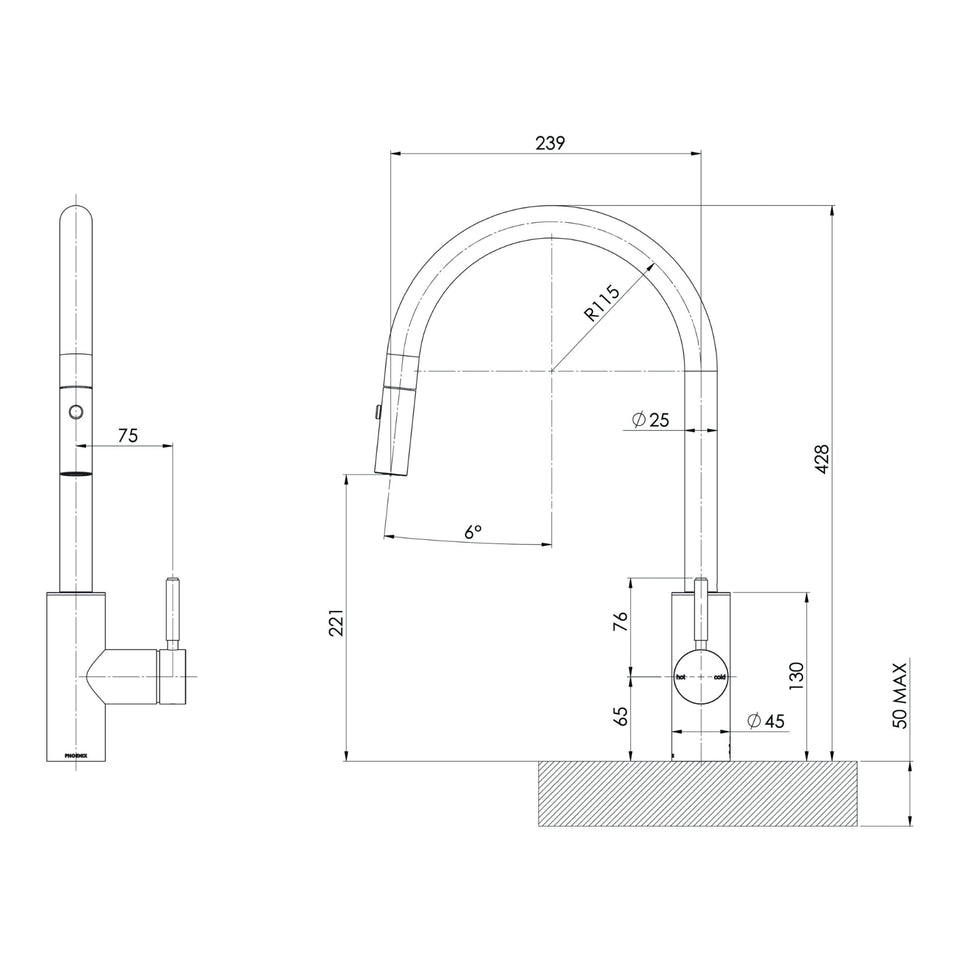 Phoenix Vivid MKII Pull Out Sink Mixer 230mm Gooseneck - Brushed Gold
