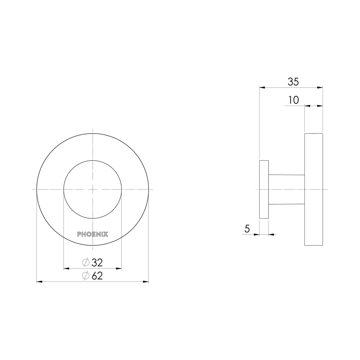 Technical Drawing Phoenix Vivid MKII Robe Hook - Chrome 146-8400-00
