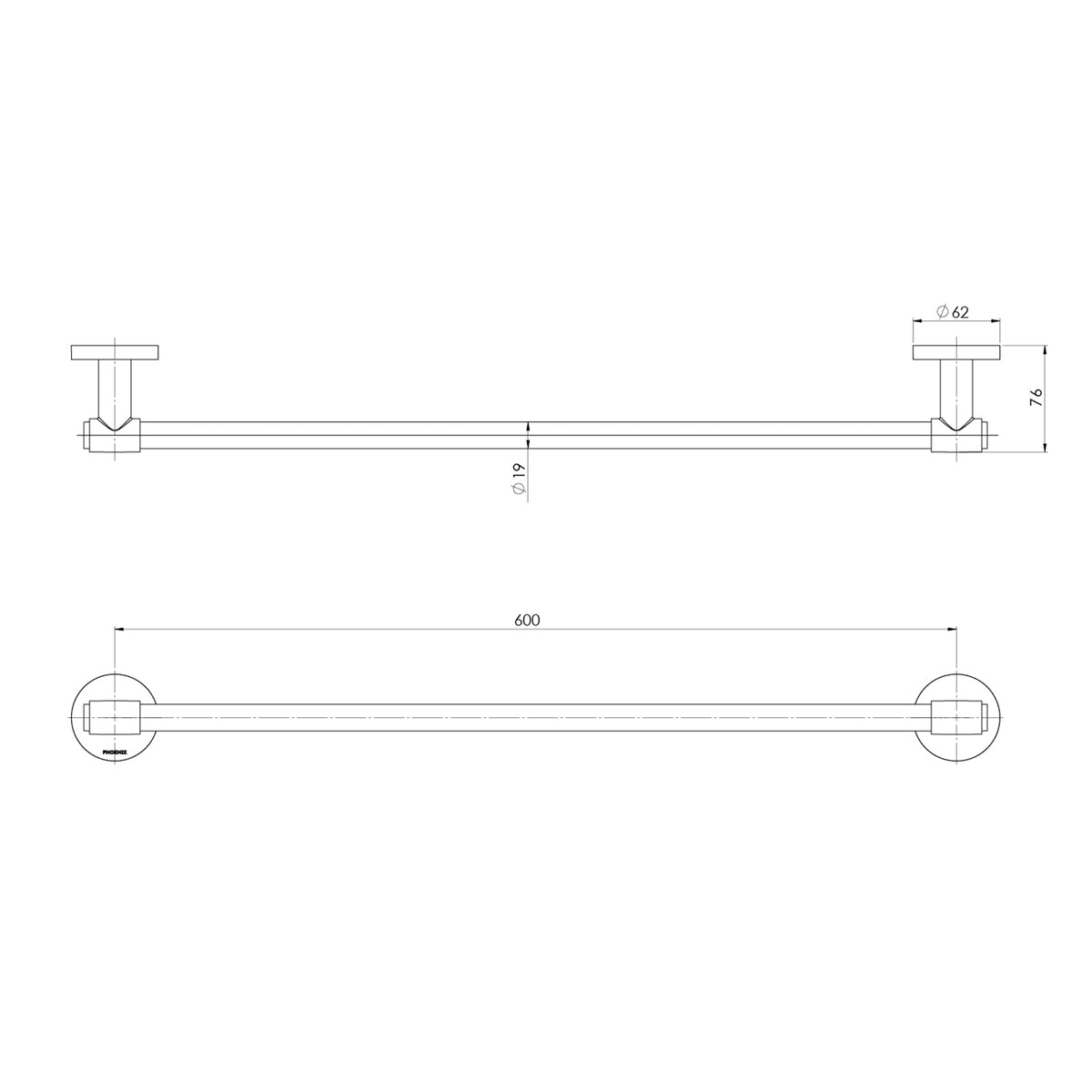 Technical Drawing Phoenix Vivid MKII Single Towel Rail 600mm - Chrome 146-8010-00