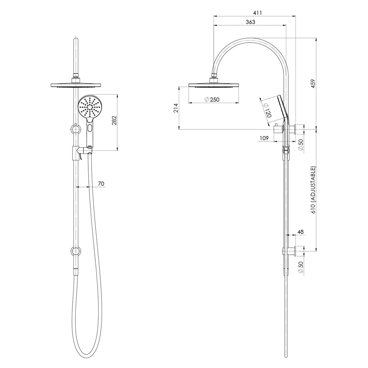 Technical Drawing Phoenix Vivid MKII Twin Shower - Brushed Carbon 146-6530-31