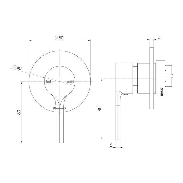 Technical Drawing Phoenix Vivid Slimline Oval SwitchMix Shower/Wall Mixer Matte Black (Fit-Off Kit Only) VV2805-10 - The Blue Space