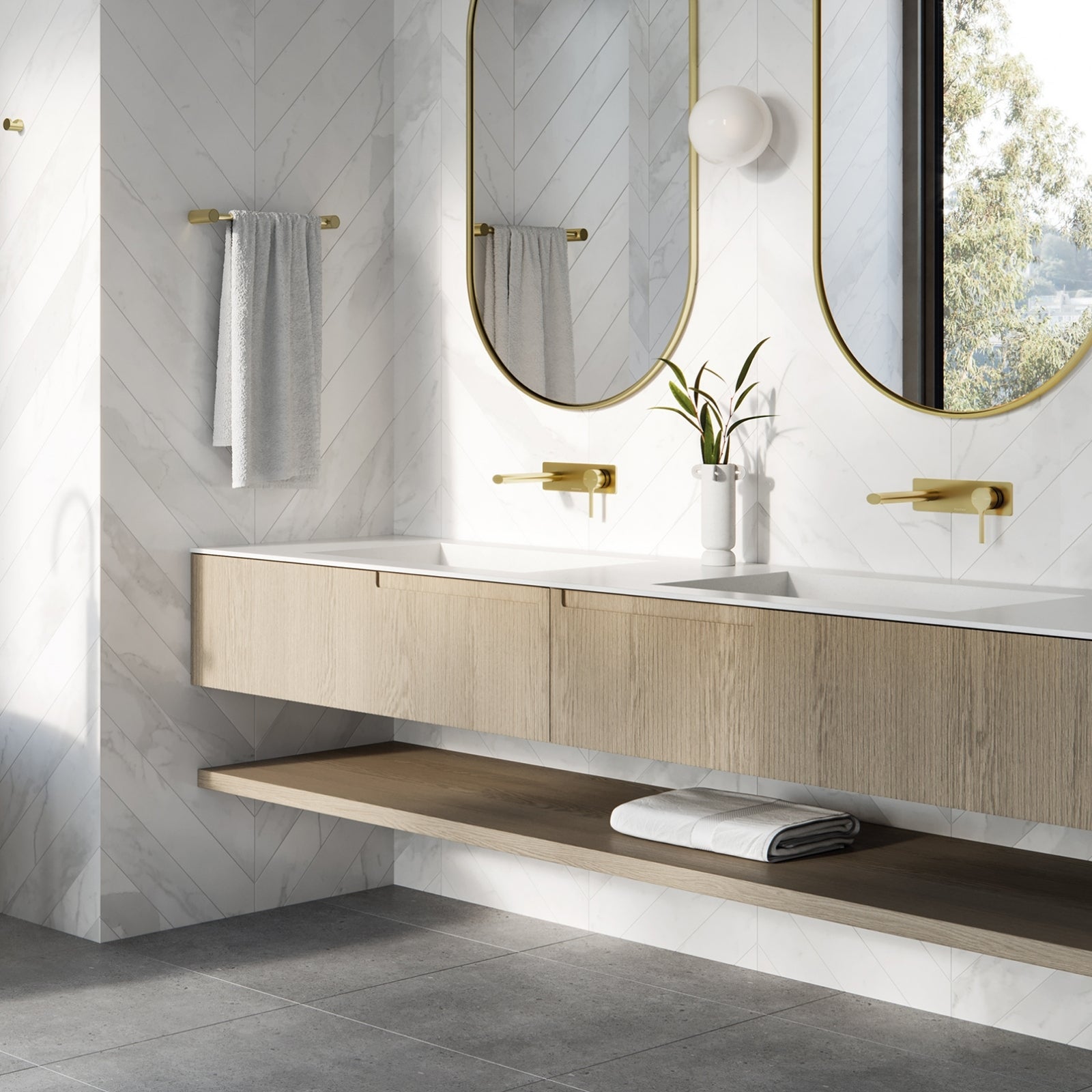 Lifestyle Phoenix Vivid Slimline Oval SwitchMix Wall Basin / Bath Mixer Set 175mm Brushed Gold (Complete Kit) VV2810-12-1-KIT - The Blue Space