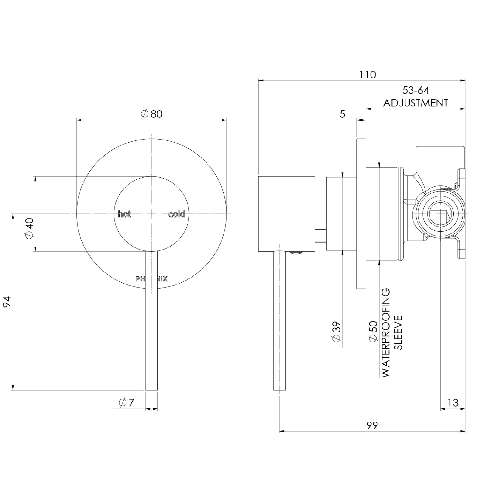Technical Drawing Phoenix Vivid Slimline SwitchMix Shower / Wall Mixer Chrome (Complete Kit) VS2800-00-1-KIT - The Blue Space