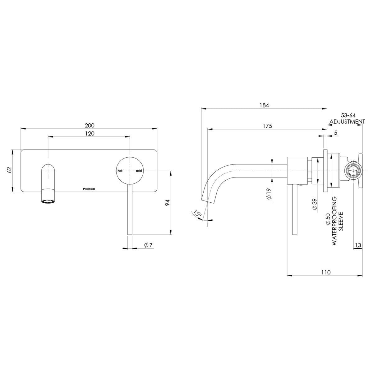 Technical Drawing Phoenix Vivid Slimline SwitchMix Wall Basin / Bath Mixer Set 180mm Brushed Gold (Complete Kit) VS2810-12-1-KIT - The Blue Space