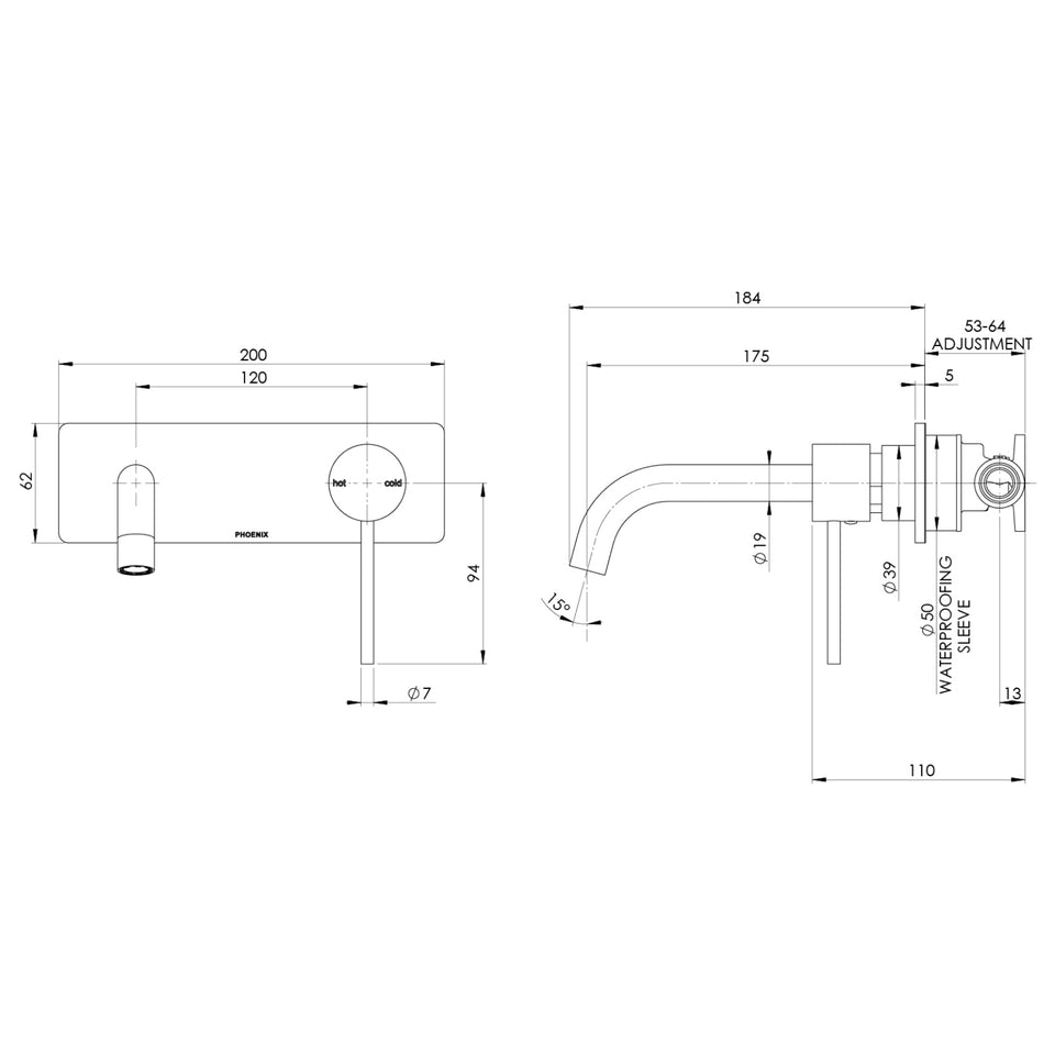 Phoenix Vivid Slimline SwitchMix Wall Basin / Bath Mixer Set 180mm Brushed Nickel (Complete Kit)