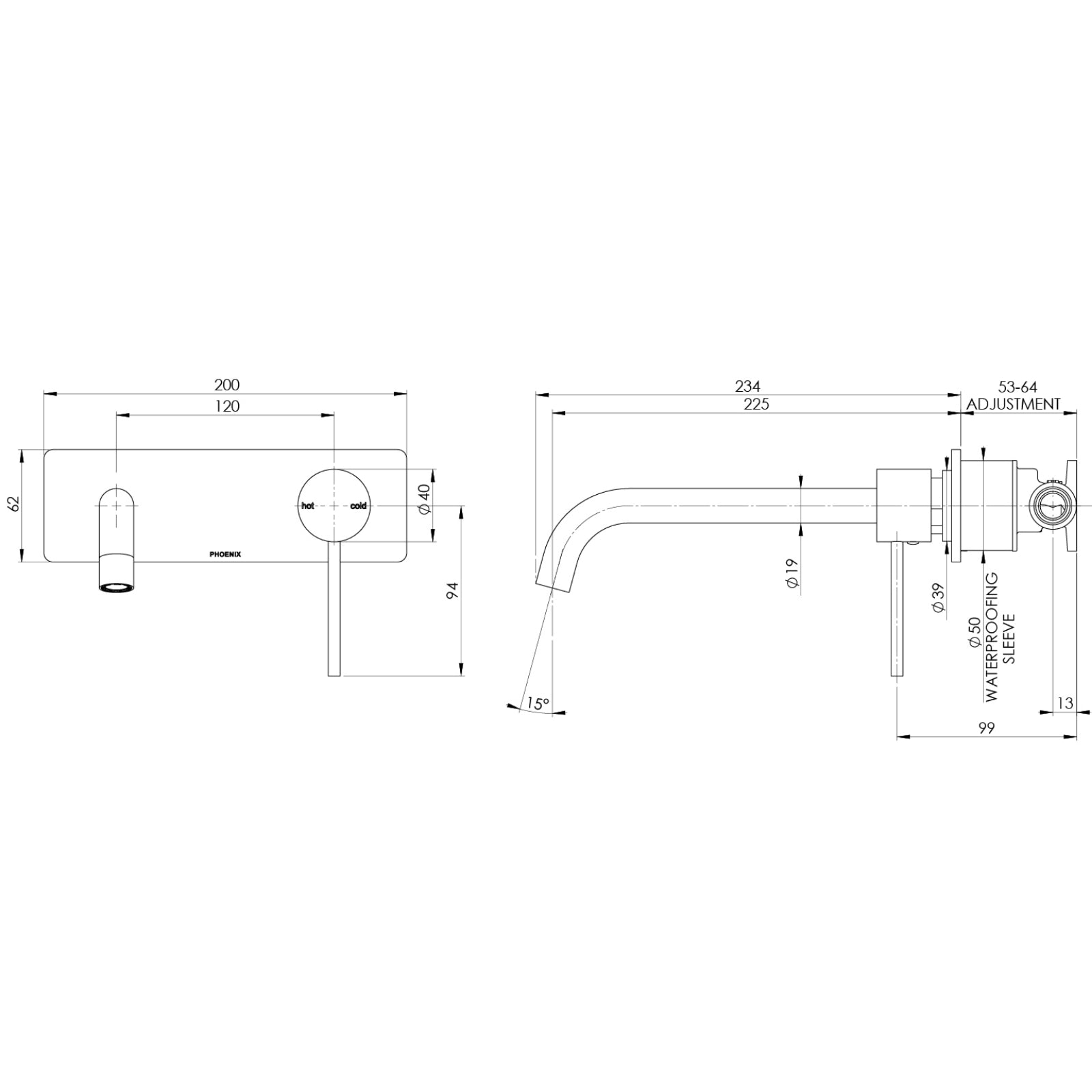 Technical Drawing Phoenix Vivid Slimline SwitchMix Wall Basin / Bath Mixer Set 230mm Brushed Gold (Complete Kit) VS2830-12-1-KIT - The Blue Space